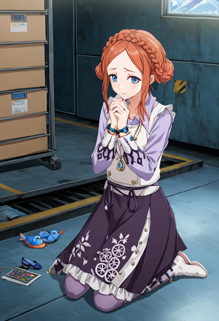 (((solo))), masterpiece, best quality, very aesthetic, modern, modern anime, anime style, newest, absurdres, highres, knee shot , expression of grief  ,  <lora:Luna_VLR_SDXL:1>, VLR sprite style. location:VLR:warehouse. Luna kneels in the Floor A Warehouse, carefully repairing a broken robin. As she works, her fingers occasionally become transparent, revealing the complex machinery within. The bird's wounds heal with each touch, while nearby security monitors display her own diagnostic data in real-time. Luna has droopy blue eyes and thin eyebrows. Luna's coral orange hair is tied in a bun with a braid and with two long strands on each side of her face in the front, accompanied with short, side-swept bangs. Luna wears a light purple, long-sleeved blouse under a white vest and a long, dark purple skirt with a white geometric design near the bottom. The skirt is tied around her waist with a ribbon. She also has purple stockings and white slippers. She wears a large bracelet on her left wrist. Her necklace is a caged bluebird.