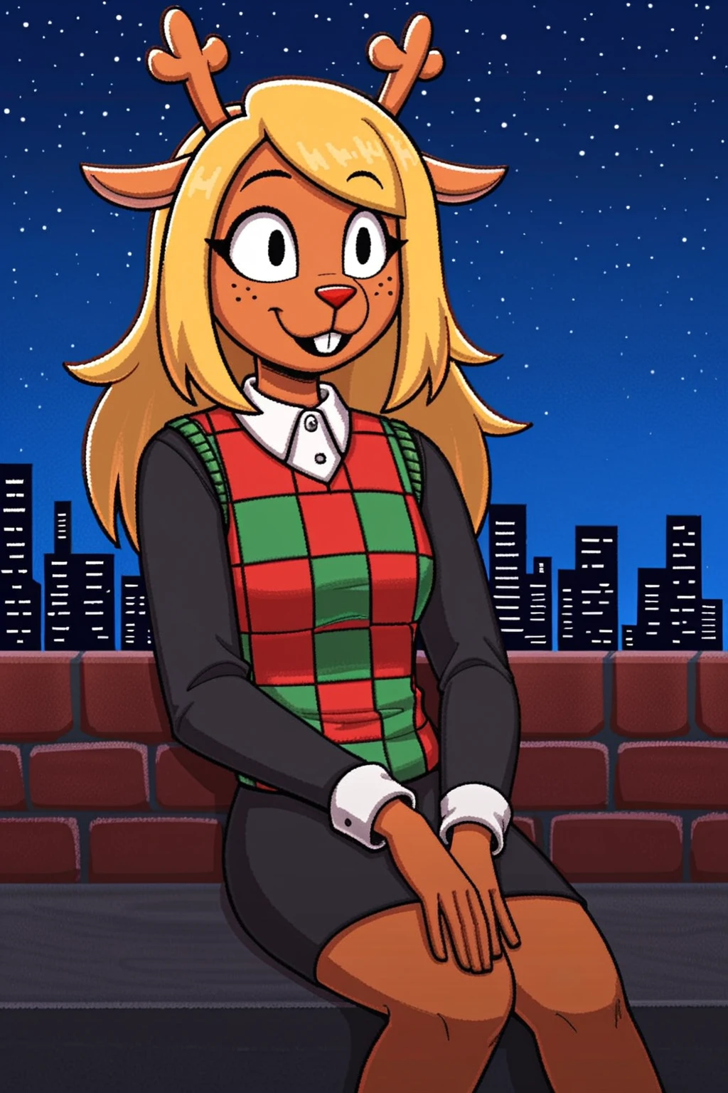 masterpiece, best quality, newest, absurdres, furry female, noelle_hol, deer girl, buck teeth, checkered sweater, skirt, sitting on brick wall, city background, urban, ((cityscape)), relaxed, black eyes,
BREAK
dark background, dynamic background, stars, night, outdoor,  <lora:Noelle_Holiday_-_Deltarune_Pony:1>