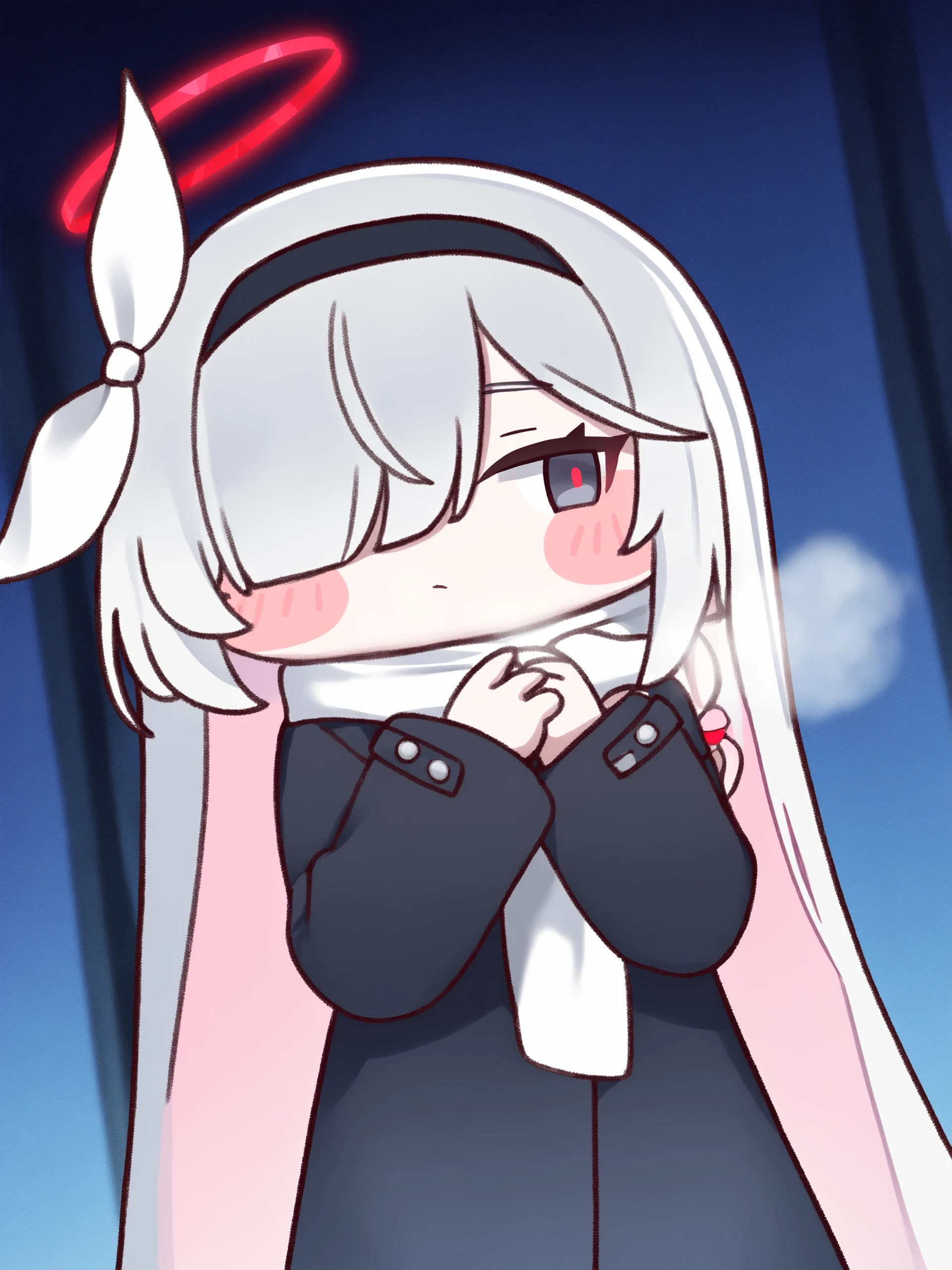 (trickcalcg, chibi:1.4), (blush stickers, blush), blue archive, plana \(blue archive\), 1girl, black eyes, black hairband, bow, breath, breathing on hands, coat, cold, colored inner hair, hairband, halo, indoors, long hair, long sleeves, looking to the side, multicolored hair, pink hair, red halo, red pupils, scarf, snow, solo, warming hands, white bow, white hair, white scarf, winter, winter clothes, winter coat, 
(masterpiece, best quality, absurdres, highres, newest:1.2), 