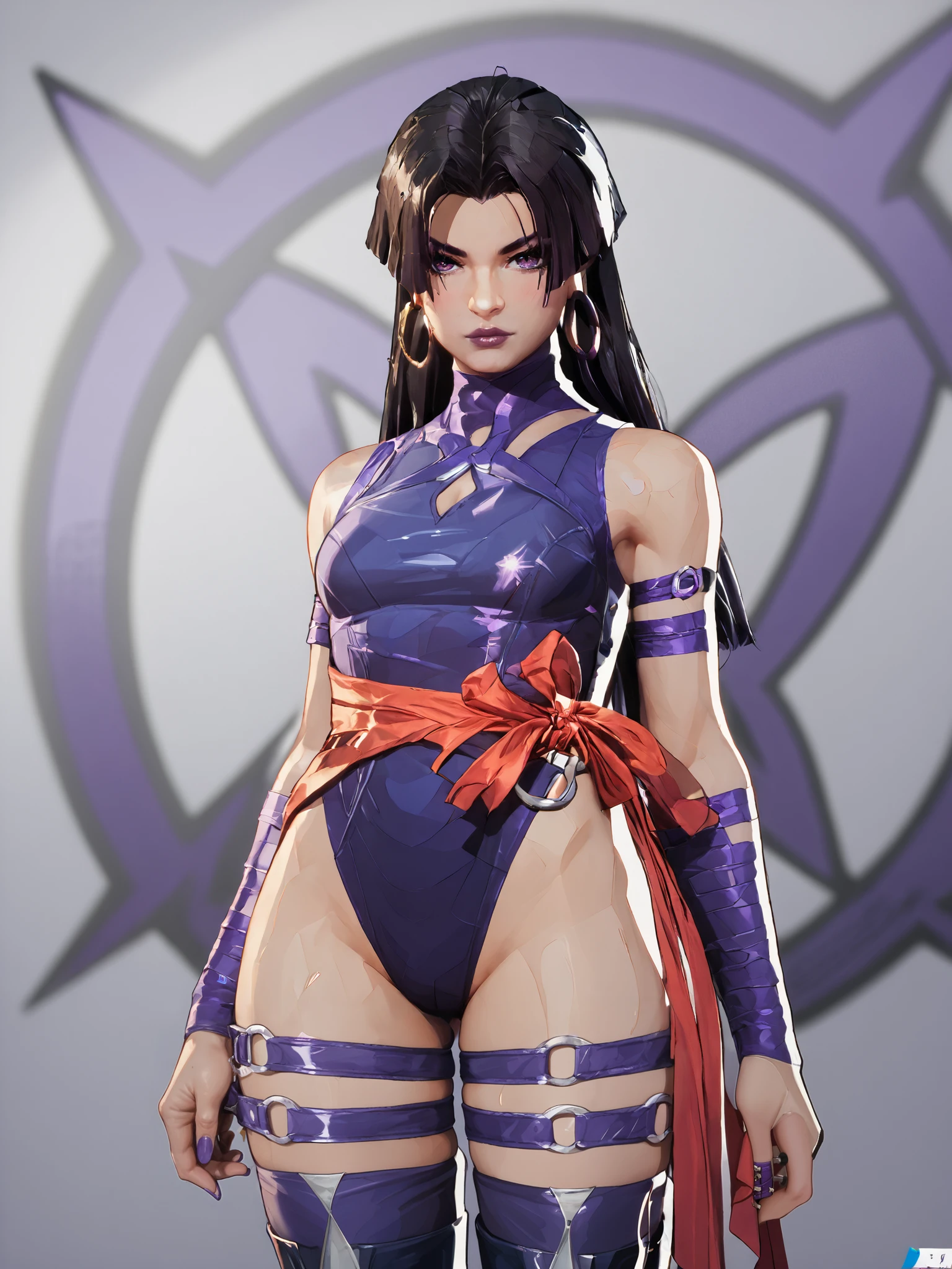 score_9, score_8_up, score_7_up, score_6_up, score_5_up, score_4_up, highest quality, intricately detailed, masterpiece
,detailed textures, realistic lighting, perfect detailed face, perfect detailed body
.[Main:0    ] MarvelRivals, psylocke
.[Photo:0  ] 
.[Action:0 ] 
.[Details:0]
.[Body:0   ] bare shoulders, pruple nails
.[Cloth:0   ] seamless skintight purple leotard, seamless tight thigh highs, thigh straps, silver rings, wrapped forearm, hoop earrings
.[Hair:0     ] black hair,middle part hair, side bangs, long back hair
.[Face:0     ] purple paint on eye, purple eyes, dark purple lips
.[Expres:0 ] serious expression
.[Seting:0  ] blurry dojo background
<lora:Hand v2:1> <lora:PerfectEyesXL:1> <lora:foot feet v1:1> <lora:Psylocke_Vengeance_Skin_Marvel_rivals:1> <lora:AMarvelRivals_style:1>