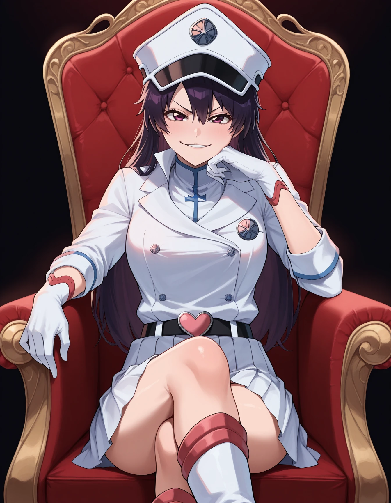 <lora:Bambietta_Basterbine_Illustrious:1>
simple black background,
bambietta_basterbine, 1girl, black hair, long hair, hair between eyes,
white peaked cap, white gloves, white jacket, white skirt, black belt, heart belt buckle, white boots, pink clothing accents 
looking at the viewer,  sitting, legs crossed, throne, smirk, face on hand, smirk,, masterpiece, best quality