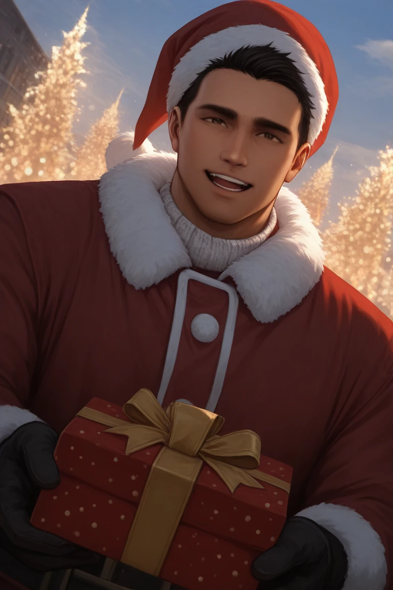 anime coloring, subsurface scattering, realistic shading, day, snowflake, christmas theme, male focus, looking at viewer, expressive face, holding a gift box, hornersc, black_hornersc_short hair, black_hornersc_eyes, 1boy, smiling, santa claus cosplay, red headwear, fur-trimmed coat, outdoors, christmas lights, bokeh, cloud, centered, dutch angle, dynamic angle, intricately detailed illustration, depth of field, masterpiece, best quality, amazing quality, very aesthetic, absurdres, newest