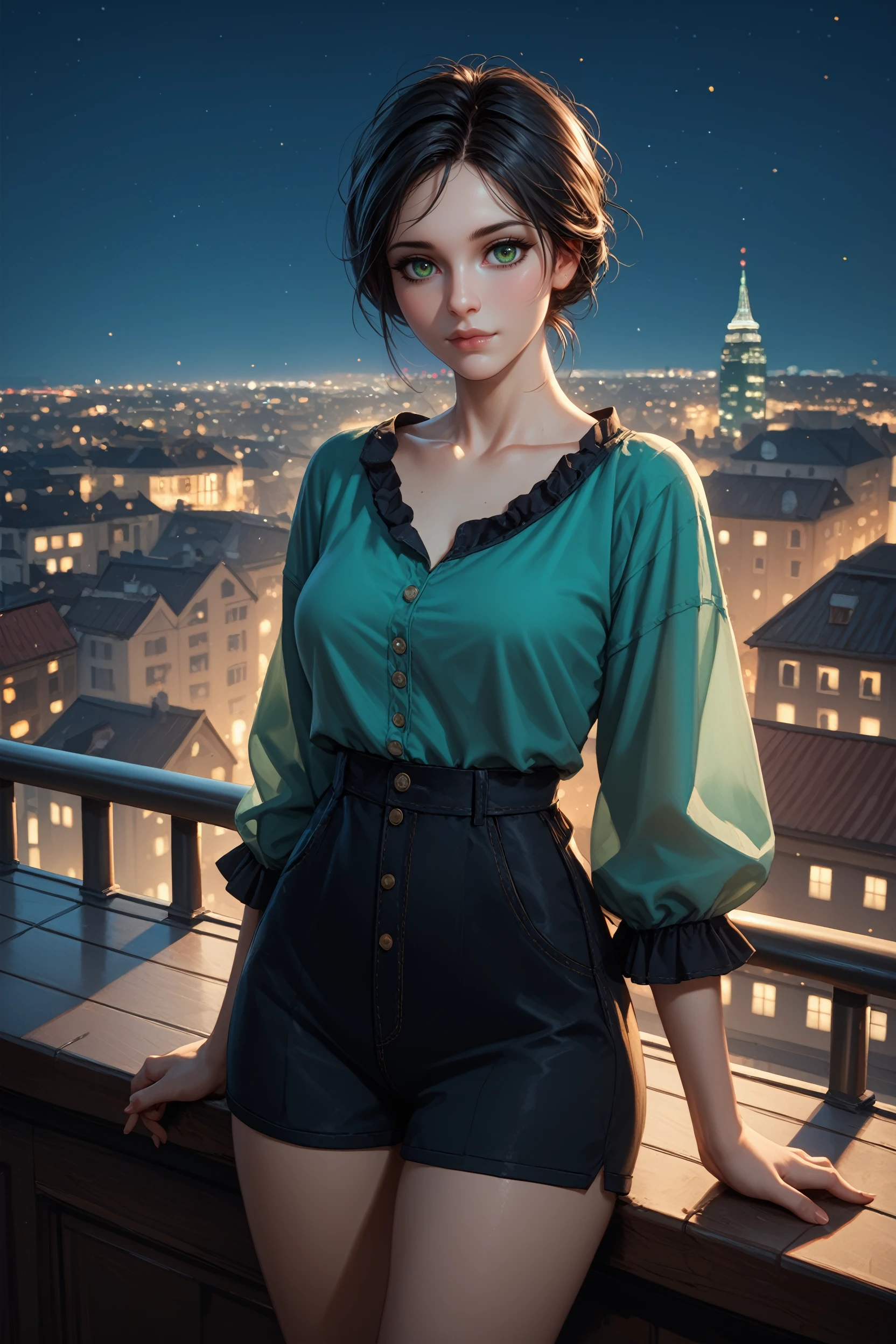 score_9, score_8_up, score_7_up,
<lora:W3Iris:0.8>
W3Iris, 1girl, black hair, green eyes, looking at viewer, overlooking the city from a rooftop bar at night, cute outfit, standing