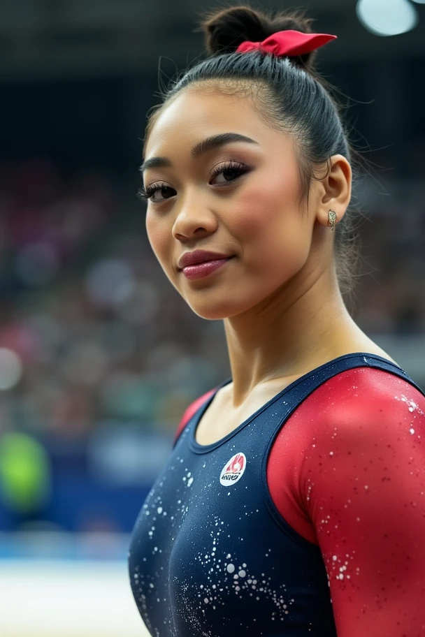 close-up photoshoot of a gymnast, looking at the viewer,
