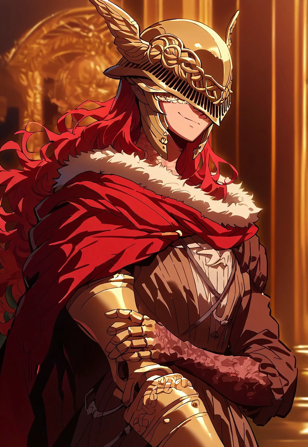 score_9, score_8_up, score_7_up, source_anime, black-tie event style, detailed background, formal setting, elegant lighting, MaleniaDef, red hair, covered eyes, helmet, fur trim, brown dress, red cape, armor, single scar on arm, single mechanical arm, smile