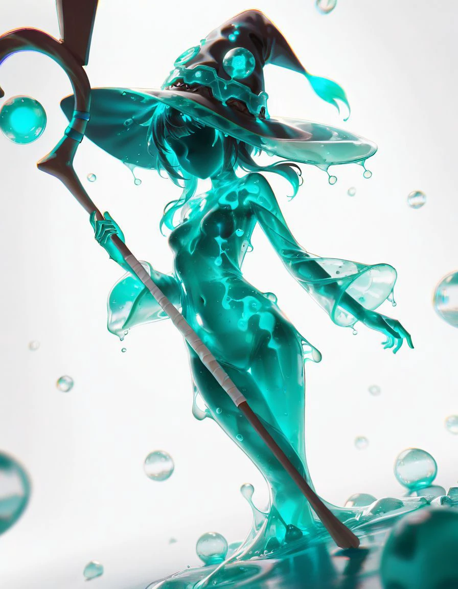 masterpiece,  chromatic aberration,  <lora:NV_MintSlime_Skin_IL:1> nv-mintslimeskin, colored skin, translucent , glowing, 
dutch angle, white background , megumin, solo, witch hat , holding staff, faceless female, bubbles,