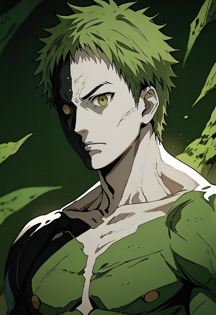 score_9, score_8_up, score_7_up, (masterpiece:1.2), (best quality:1.3), 1boy, upper body, collarbone <lora:Zetsu_-_Akatsuki_Naruto:1> ztsu_aktsk, colored skin, facing viewer, green hair, simple background, nature