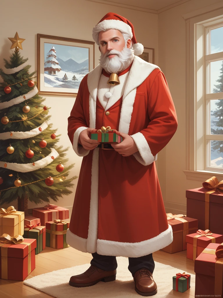 score_9, score_8_up, score_7_up, score_6_up, 50s illustration style, santa claus waves at the viewer. He stands next to a chrismas tree in a livingroom. Fire place, chrismas decoration, gifts