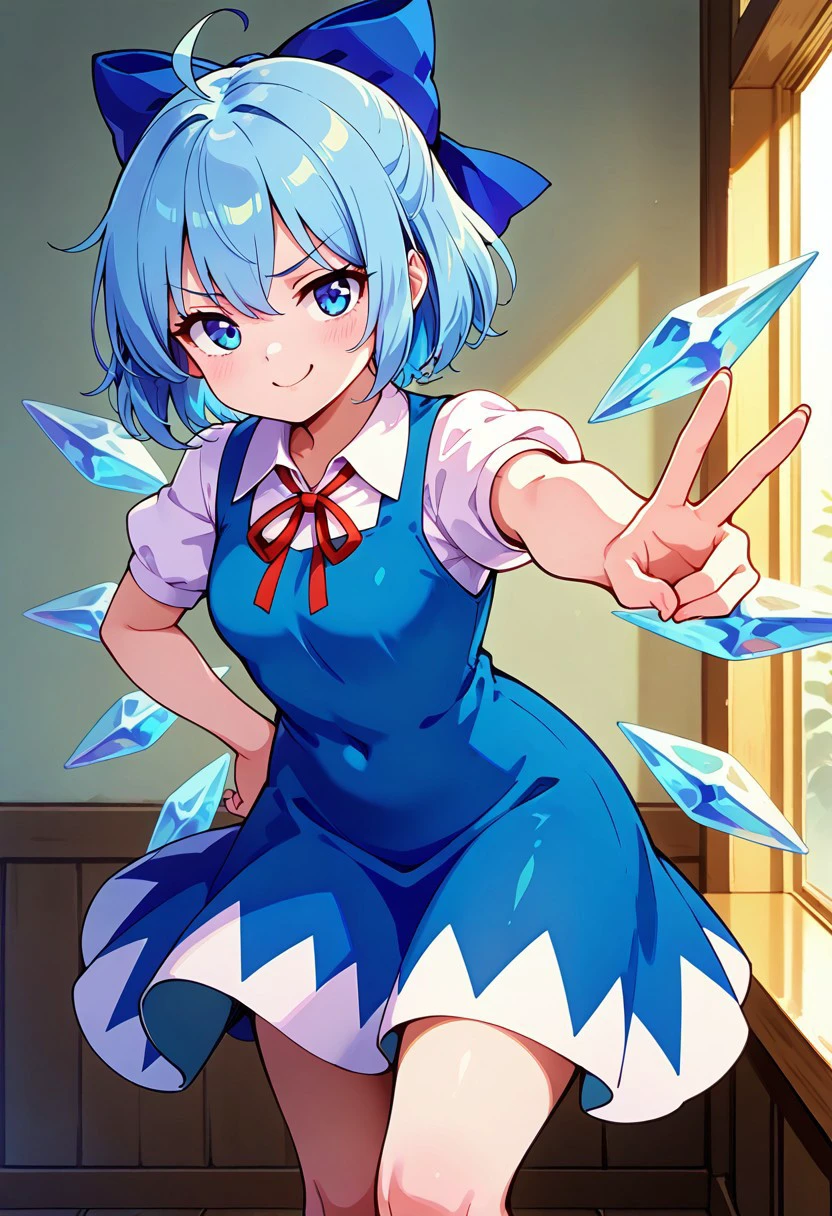 zzCirno, blue eyes, hair between eyes, ahoge, blue hair, hair bow, short hair, blue dress, puffy short sleeves, white shirt, bow, wings, ice, short sleeves, ice wings, dress, smug, (v), hand on hip, 
,medium breasts, curvy, smile, looking at viewer, pretty background, dynamic pose,