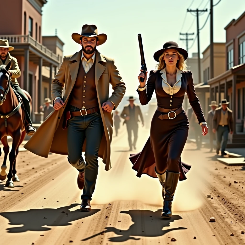 ovtlawz, a daring bank heist unfolds in a dusty frontier town, with two colonial outlaws, a man and a woman, making their escape. The man wears a trench coat flaring behind him as he runs, a shotgun in hand, while the woman, clad in a fitted bodice, high-waisted skirt, and boots, leaps onto a waiting horse. Her bonnet is tied under her chin but slightly askew from the action. The camera captures the moment from the side, with the focus on their expressions of determination and chaos in the background: townsfolk ducking for cover and a sheriff aiming his rifle. The lighting is harsh midday sun, casting sharp shadows that enhance the drama of the moment.