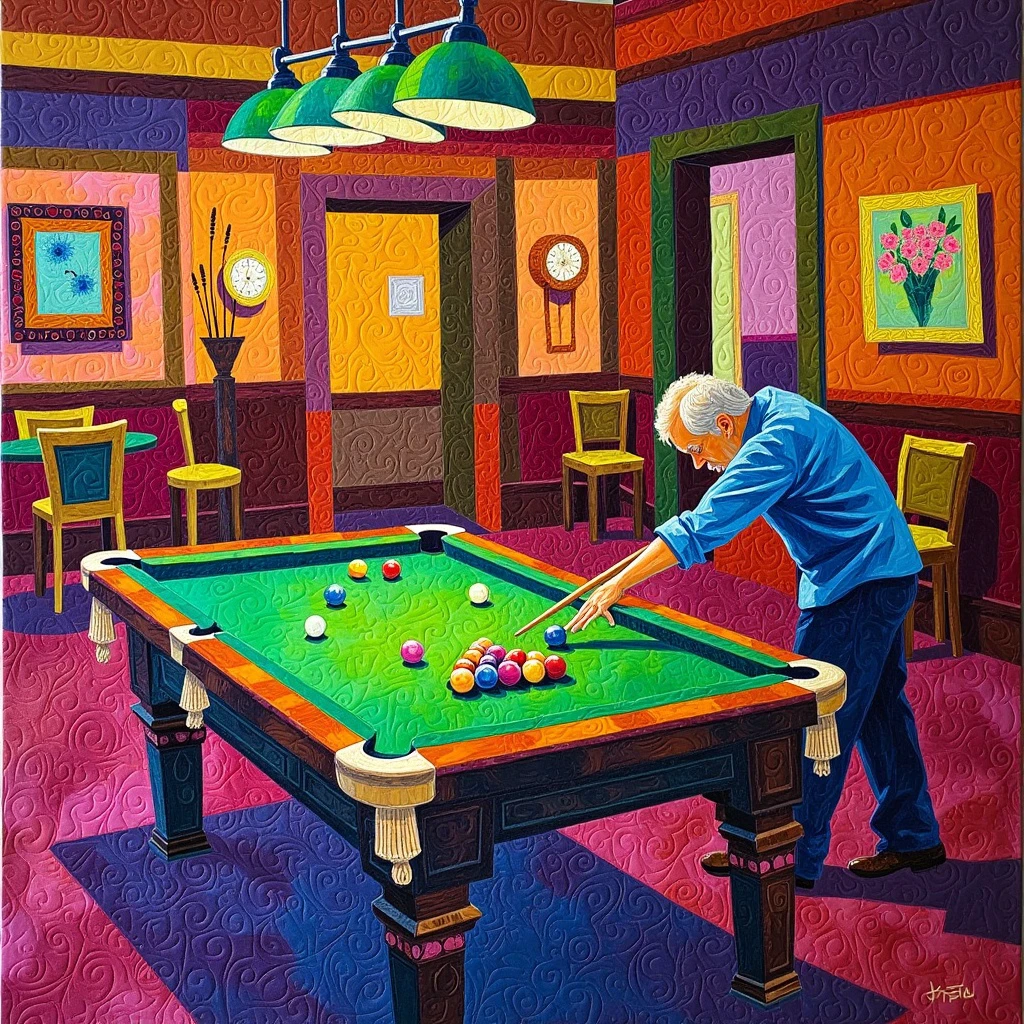 a artfulquilts a billiard player in the cafe