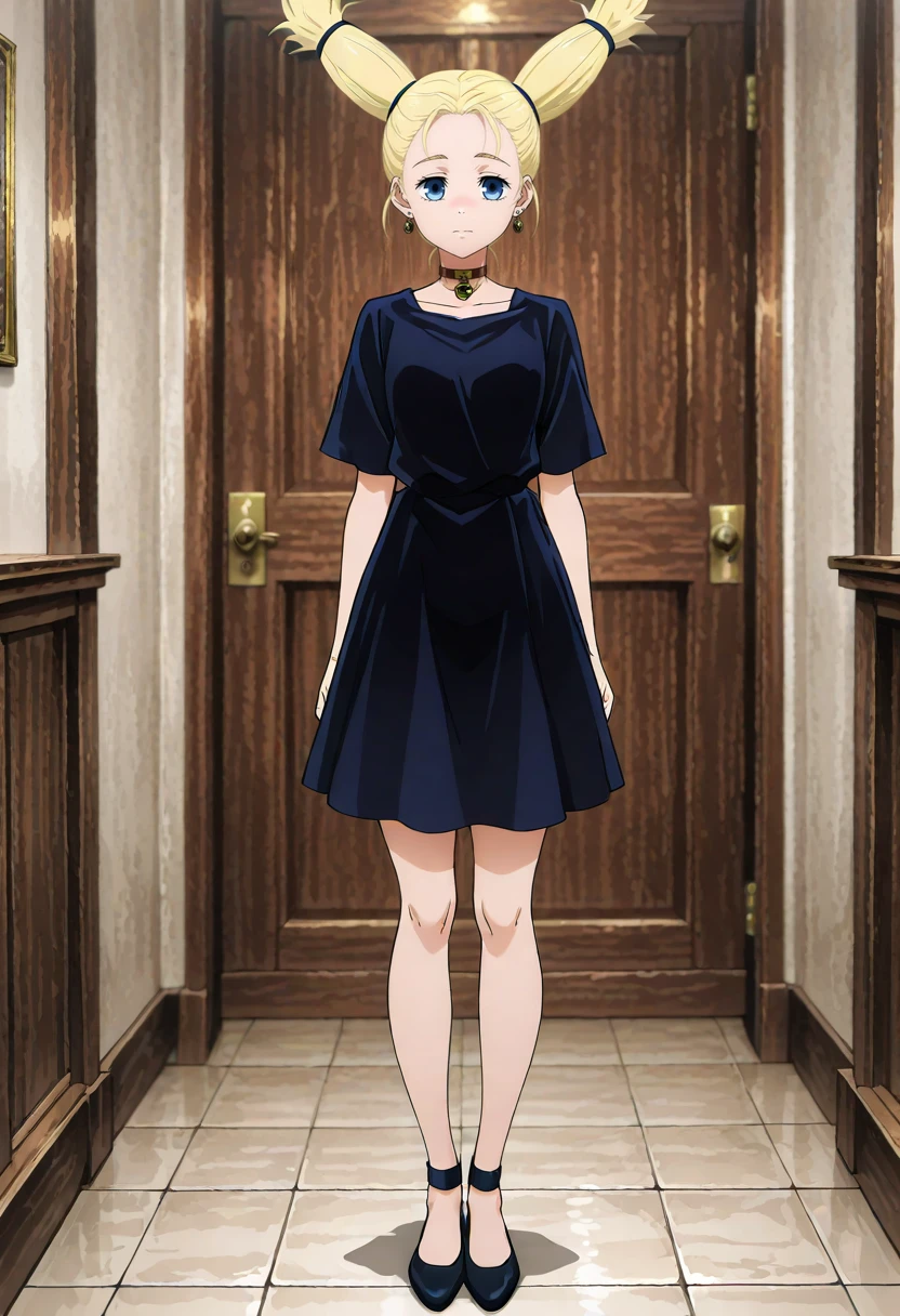 masterpiece, best quality, absurdres, highres, detailed background, <lora:hyperSD8:1>,
<lora:standing_at_attention:0.8> standing at attention, arms at side, full body, looking at viewer,   <lora:MOMOMO:1> nishimiya momo, 1girl, blonde hair, twintails, choker, black dress, earrings