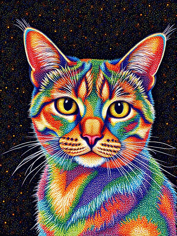 <lora:Pointillism_Art_style:0.9> pointillism art style of a cat