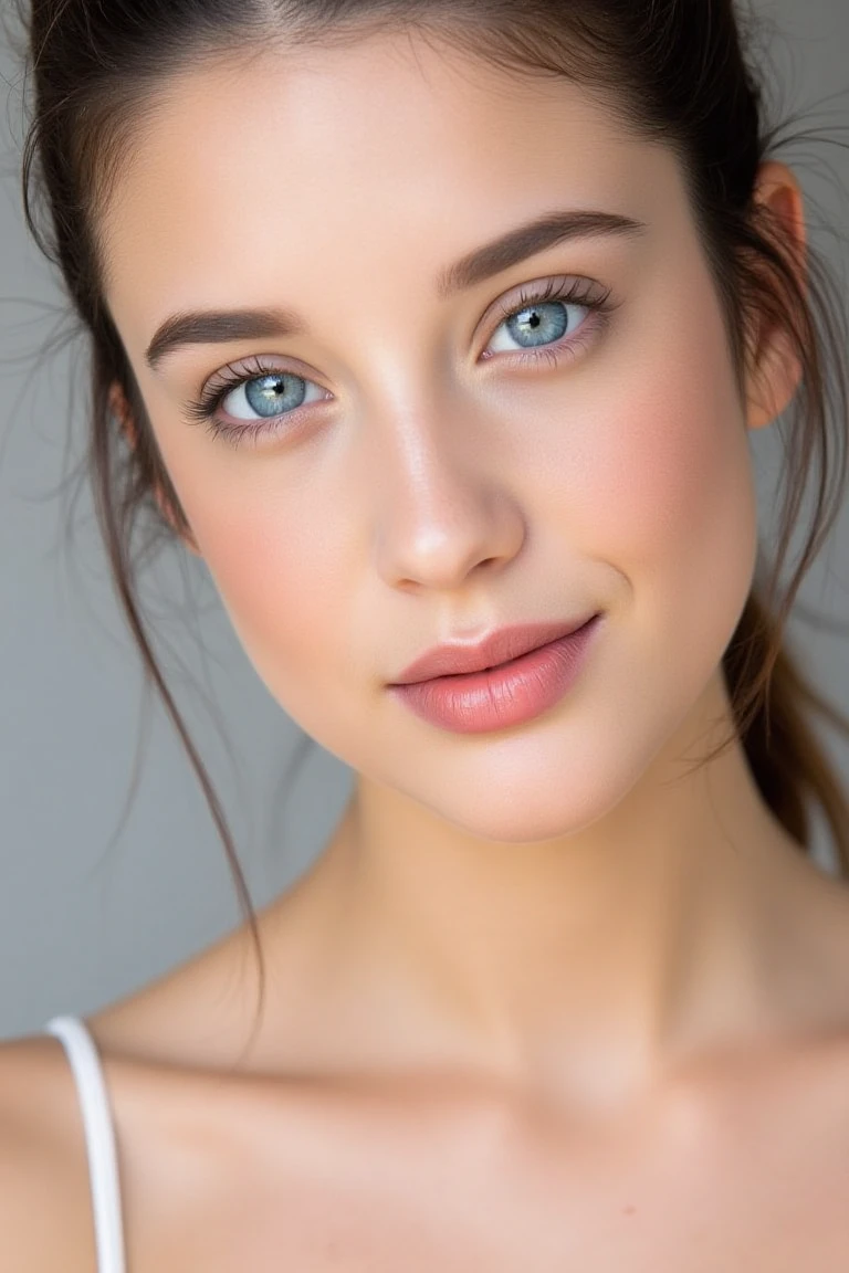 High quality realistic beauty shot of haniaaflx. A close-up shot of a woman. sky blue eyes. She is wearing a camisole blouse. Her lips are a light pink color. Her hair is pulled back. The backdrop is a light gray. She is giving a beautiful smile.