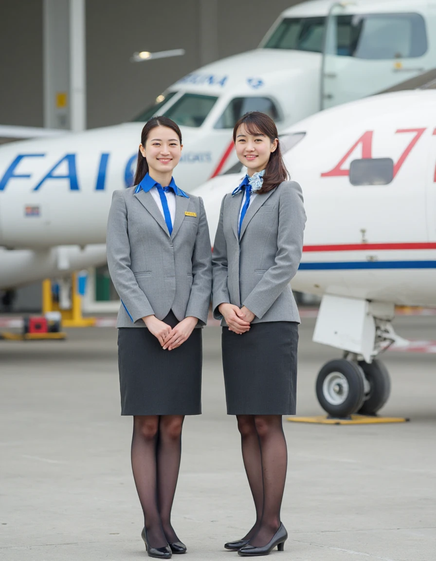 Photograph of two female flight attendants standing in front of a parked airplane in an airport hangar. They wear grey uniforms with blue accents,black tights,and black high heels. One has her hands clasped,while the other has them at her sides. The background features a white airplane with red logos and various airport equipment.,<lora:FLUX.1-Turbo-Alpha:1>,beautiful japanese girl,<lora:FLUX_ANA_CA_r1:0.9>,caana,