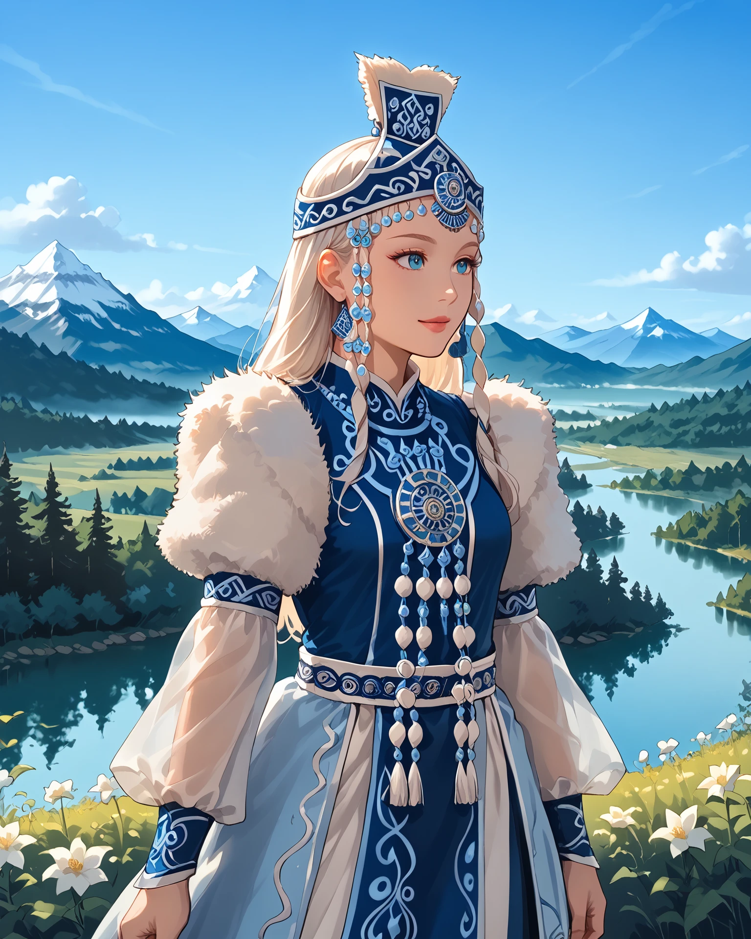 1girl, wearing yakutfa, yakutfa clothes, beautiful scenery, mountain range, long hair, blues and pinks, extremely detailed clothing, digital art, masterpiece, absurdres, highest quality, score_9, score_8_up, score_7_up,   <lora:Yakut_Fashion_XL:1>,  <lora:Smooth Anime 2 Style SDXL_LoRA_Pony Diffusion V6 XL:1>