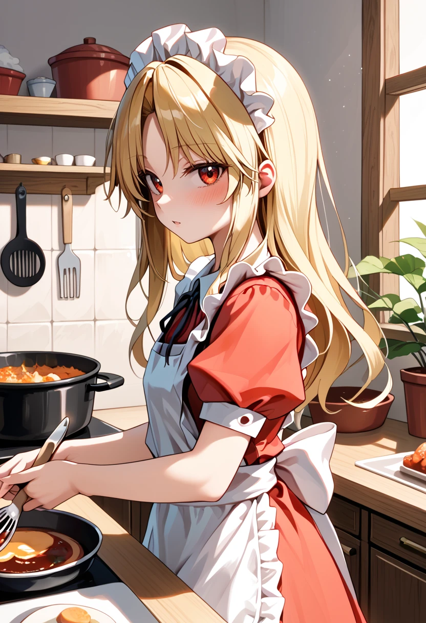 score_9_up, score_8_up, score_7_up, BREAK source_anime, (masterpiece), (best quality), 1girl, yumeko (touhou), blonde hair, red dress, apron, long hair, maid, maid headdress, hands, looking at viewer, blushed, upper body, (ultra detailed), cooking, cutting board, grabbing knife, pot on stove, from side, <lora:Yumeko_touhou(PC-98)-V1:1>