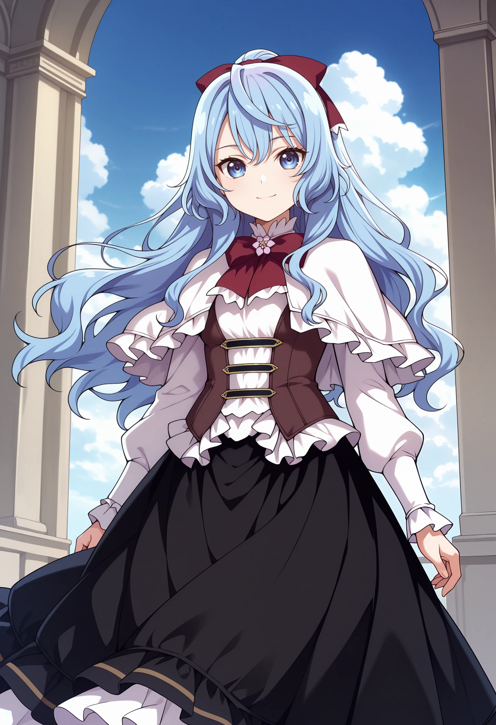 best quality, masterpiece \(quality\),
liselotte cretia, blue hair, hair bow, 
white capelet, long sleeves, vest, white shirt, long skirt, black skirt,
smile, closed mouth, looking at viewer, 
1girl, solo,
upper body,  body, standing, arms at sides, 
blue sky, cloudy sky, cloud,
 <lora:faux-liselotte-cretia-mixed4-illu-lora-rank128a32-came-attn:0.8>