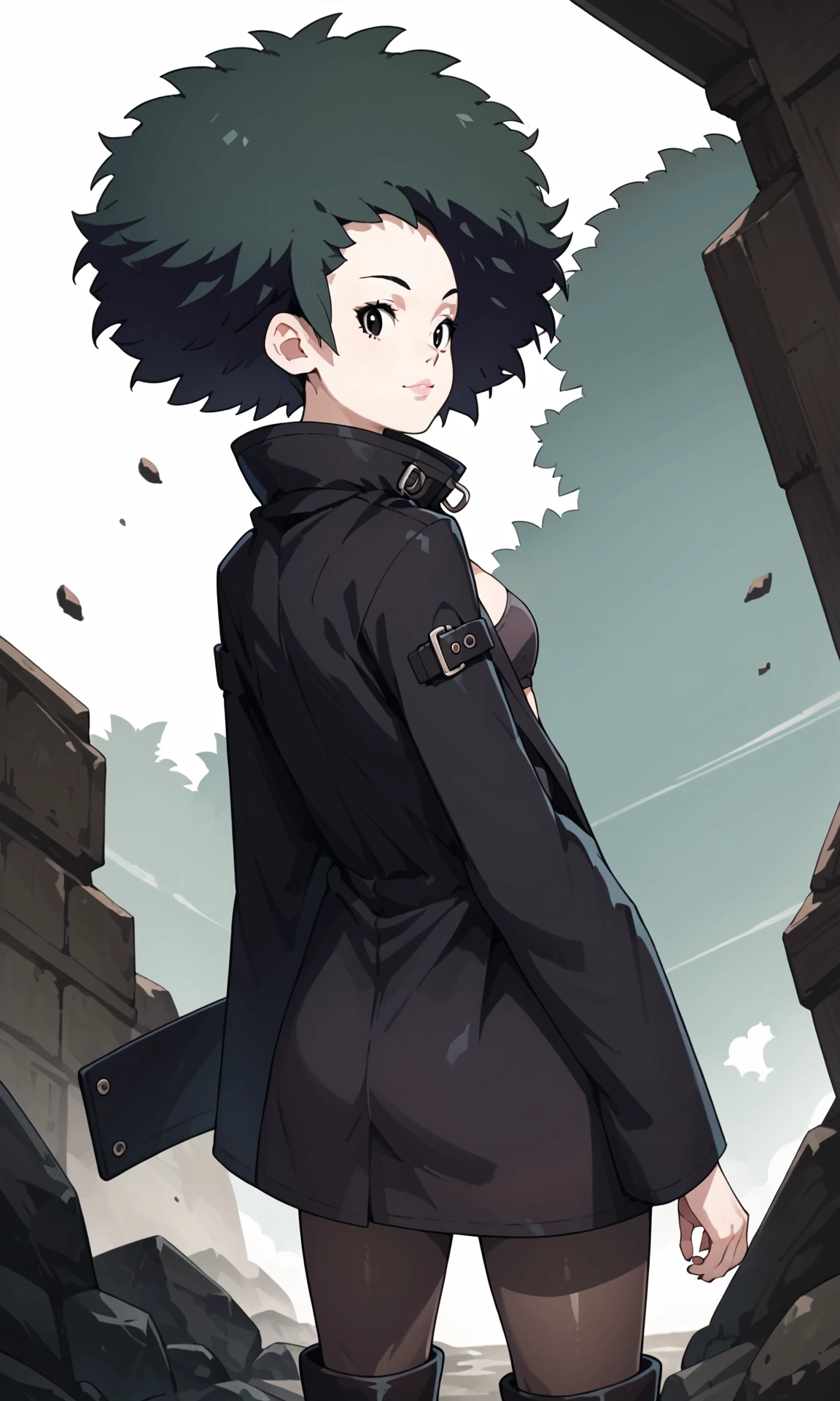 score_9, score_8_up, score_7_up, source_anime, 1girl, solo, LashAW,  big hair, afro, black hair,  pantyhose, boots, black coat, tube top, <lora:Lash-AW-pony-v2:1> from behind, looking back, black trench coat,