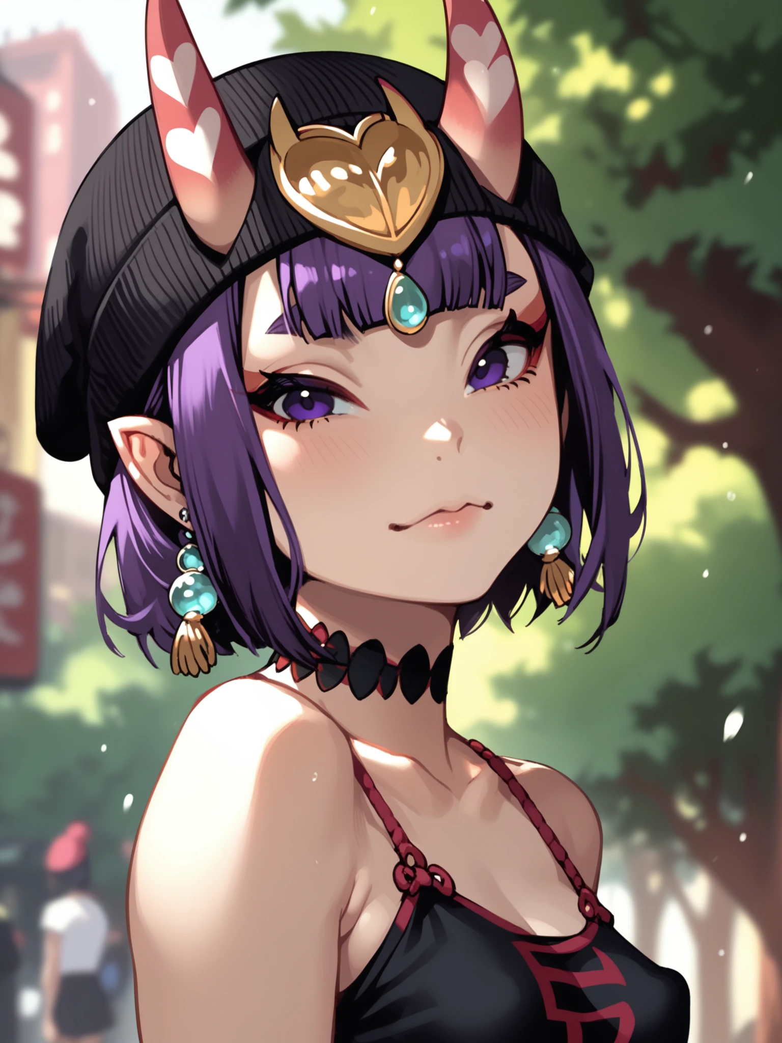 <lora:happy_tentacle-irshuten-v0.3-000011:0.8>, ht_irshuten, earrings, headpiece, choker, (purple hair, purple eyes:0.8), (small breasts:1), , grimace, outdoors, punk, skirt, shirt, baggy clothes, beanie upper body, 1girl, (petite:1.2), solo focus, (looking at viewer:1.1), sidelighting, (depth of field:0.8), , [(realistic, photorealistic:1.2):(realistic:1.3):22], [(3d:1.2)::12], <lora:LUUNA's Lunas-NijiJourney-SDXL-B2:0.6>, nijijourney, <lora:prgfrg23's Counterfeit-V3.0 Style SDXL_LoRA_Pony Diffusion V6 XL:0.3> <lora:Shed_The_Skin's StS_age_slider_v1_initial_release:-1.2>, score_9, score_8_up, score_7_up, score_6_up, score_5_up, score_4_up