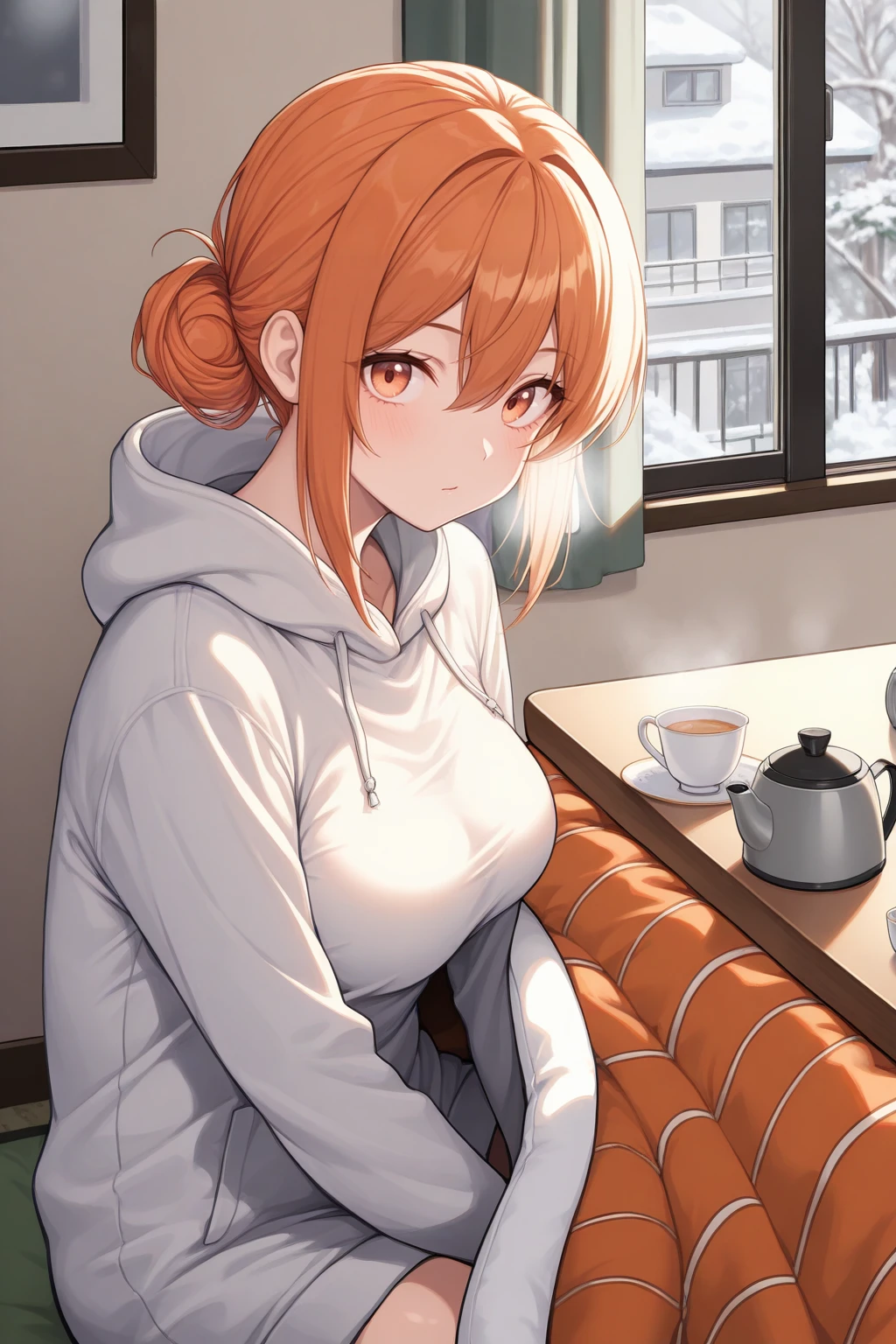 masterpiece, best quality, looking at viewer, cold, yghmm, medium breasts, orange eyes, orange hair, hair between eyes, sidelocks, single hair bun, hoodie, sitting, indoors, under kotatsu, teacup, electric kettle, window, winter, apartment, <lora:Hoseki_Oregairu_MrsYuigahama_IllustriousXL_v1:1>