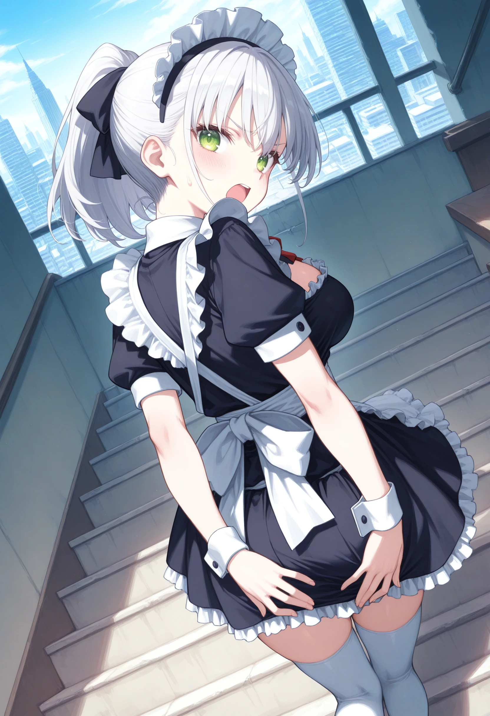 1girl,(sho \(sho lwlw\):0.7),(toosaka asagi:0.5),(sincos:0.3),solo,
masterpiece, best quality, newest, absurdres, CG, anime, source anime, illustration,
maid, maid headdress,medium breasts,
covering crotch, covering privates, from behind,stairs, covering ass, <lora:coveringcrotch_Illust_v1:0.8>
from above, cinematic angle, looking back, white hair, green eyes,scowl, skyscraper, open mouth, high ponytail hair,