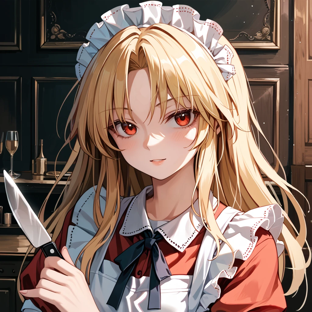 score_9_up, score_8_up, score_7_up, BREAK source_anime, (masterpiece), (best quality), 1girl, yumeko (touhou), blonde hair, red dress, apron, long hair, knife, maid, maid headdress, holding knife, hands, looking at viewer, upper body, (ultra detailed),  <lora:Yumeko_touhou(PC-98)-V1:1>