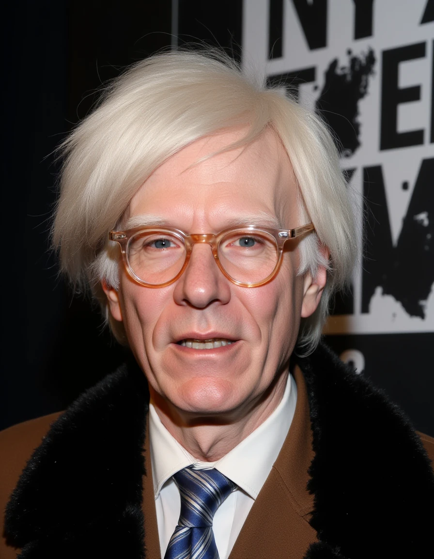 
The image is a close-up portrait of an elderly man with white hair and glasses. He is wearing a brown jacket with a black fur collar and a white collared shirt with a blue and white striped tie. He has a slight smile on his face and his mouth is slightly open, as if he is about to say something. Behind him, there is a black and white poster with the words "NY WARHOLS" written in bold white letters. The background is dark and there is light shining on the man's face.

