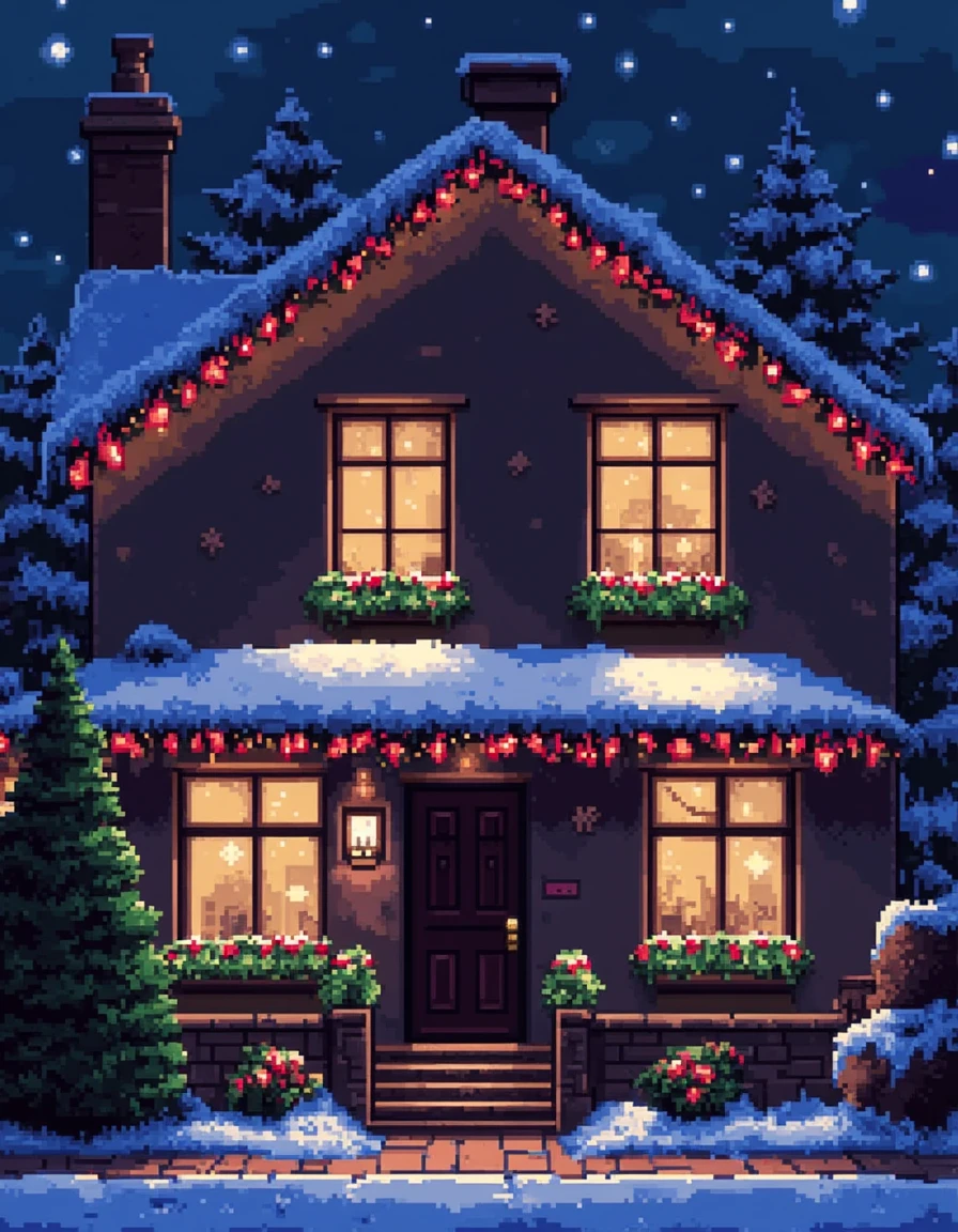 A pixel art illustration of christmas lights on a house<lora:General Flux\pixel-art-christmas.safetensors:0.9:1.0>