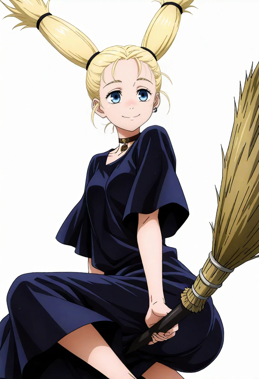 masterpiece, best quality, absurdres, highres, detailed background, <lora:hyperSD8:1>,
 <lora:MOMOMO:1> nishimiya momo, 1girl, blonde hair, twintails, choker, black dress, earrings,loose clothes, smile,simple background, white background, broom riding, sky