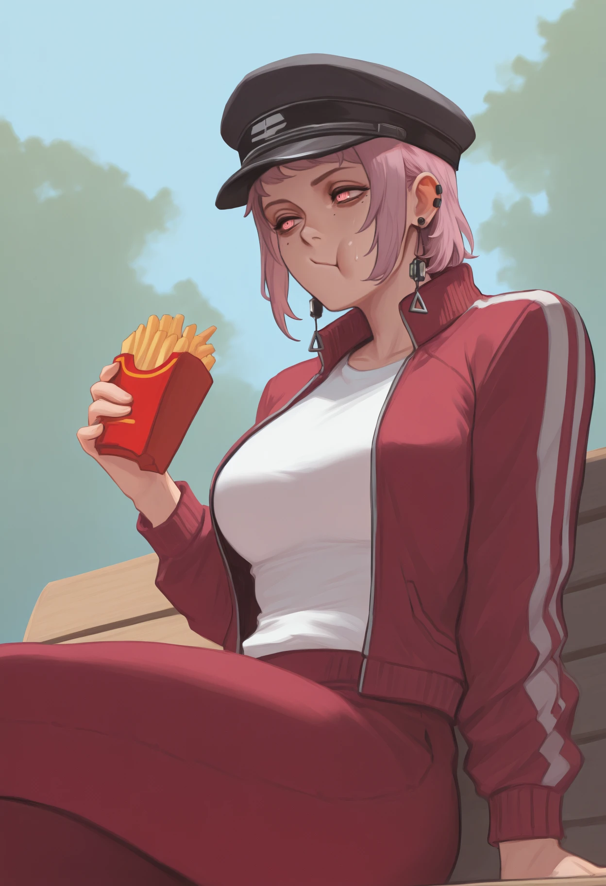 masterpiece, best quality, <break> solo, 1girl, f4mi, multiple moles, mole under eye, mole under mouth, ear piercing, sweat, eating, :t, looking away, sitting, park bench, holding food, french fries, hand up, short hair, pink hair, black headwear, military hat, pink eyes, ringed eyes, track suit, red jacket, track jacket, open jacket, long sleeves, white shirt, red pants, tassel earrings, outdoors, day
<segment:yolo-Anzhc Face seg 640 v2 y8n.pt,0.4,0.5//cid=1>