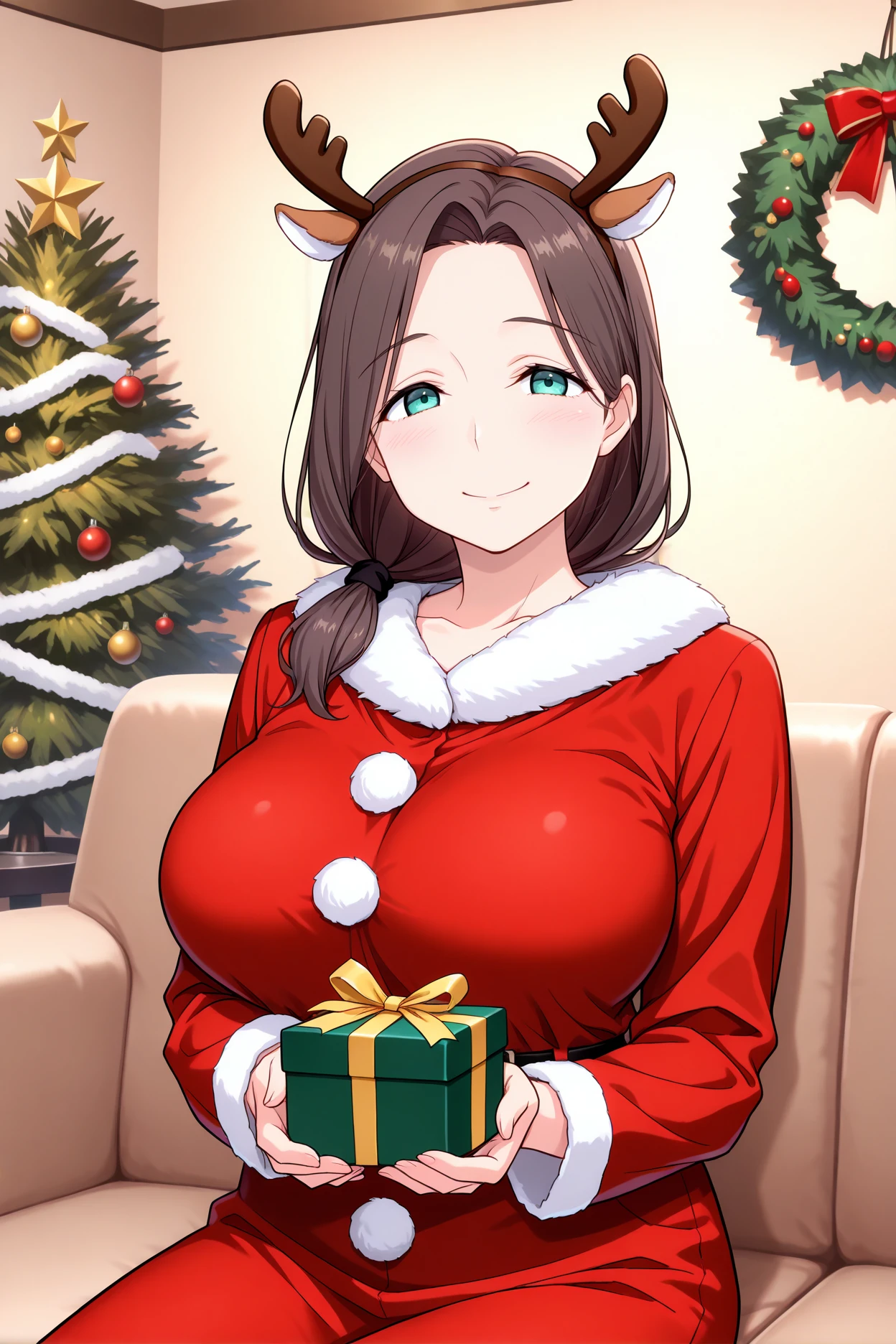 masterpiece, best quality, 1girl, solo, <lora:aimom-illu-nvwls-v1-000005:1> aimom, brown hair, aqua eyes, hair over shoulder, low-tied long hair, mature female, large breasts, fake antlers, santa costume, fur trim, long sleeves, holding gift box, happy, wreath, christmas, living room, christmas tree, sitting, couch