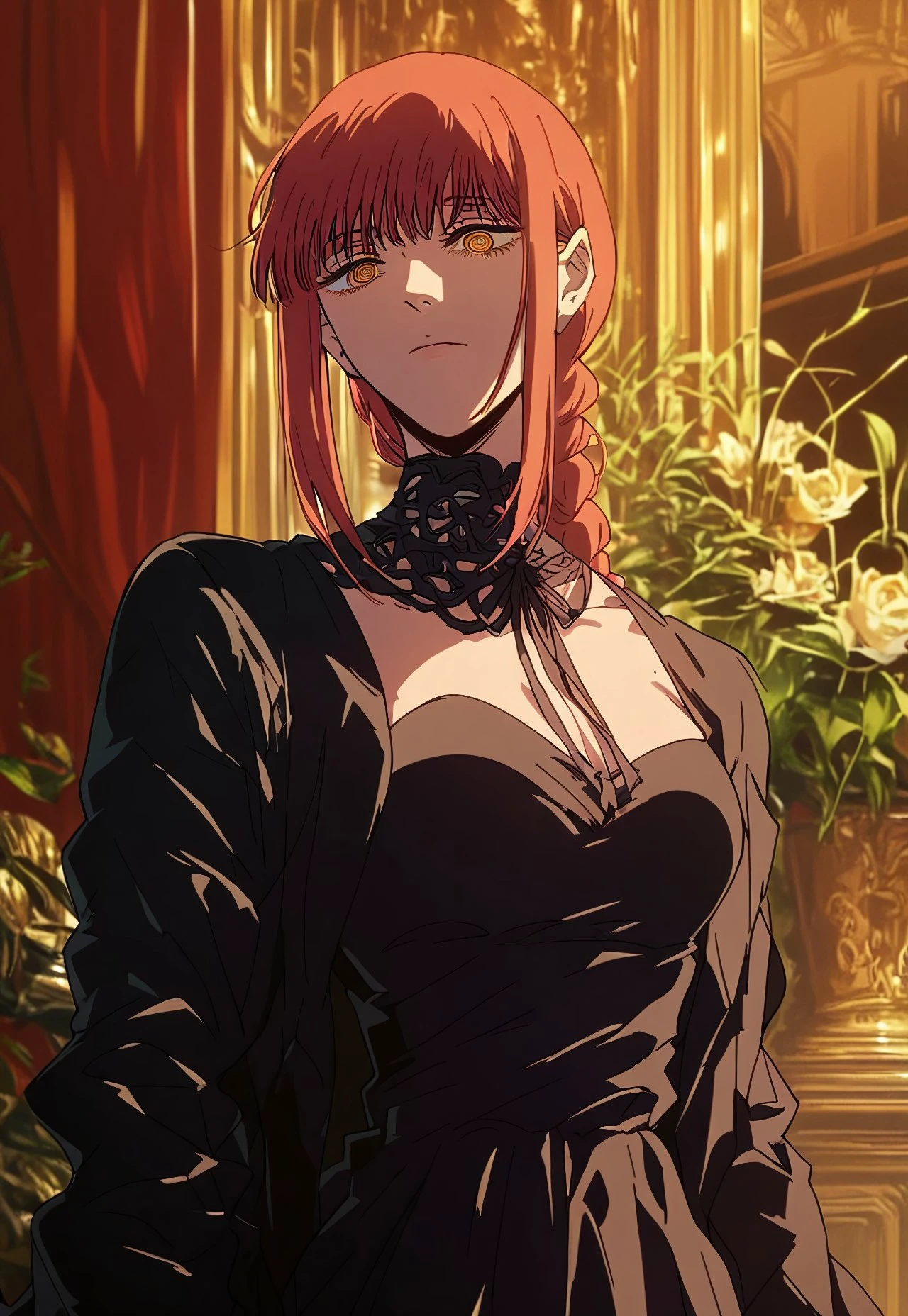 score_9, score_8_up, score_7_up, source_anime, black-tie event style, detailed background, formal setting, elegant lighting, makima (chainsaw man), wearing a black dress