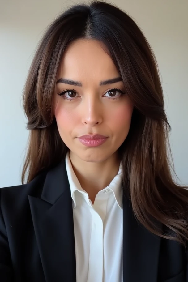 4k photorealistic front facing selfie taken by a woman with dark brown hair. business clothes
