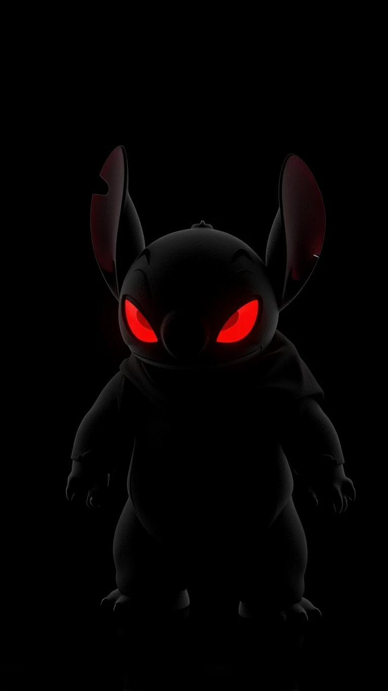 hy3ddk,close-up,Stitch form the game,in the black background,backlighting.The eyes emit a linear red light，Frosted material surface, black frosted render material, rock texture, strong_rim_light, backlighting,High contrast，