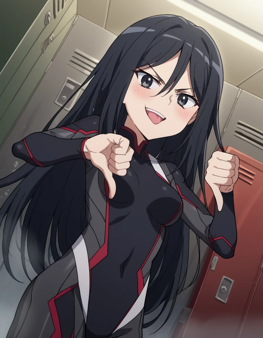 score_9, score_8_up, score_7_up, source_anime, <lora:shutaura-sequenzia-movie-ponyxl-lora-nochekaiser:1>, shutaura sequenzia, long hair, black hair, black eyes, hair between eyes, anime screencap,, bodysuit, black bodysuit, pilot suit, locker room, lockers, benches, towels, showers, smile, <lora:thumbs-down-ponyxl-lora-nochekaiser:1>, thumbs down, blush, from below, smug, tongue, tongue out, open mouth, black background, looking at viewer, solo,, dutch angle, cowboy shot