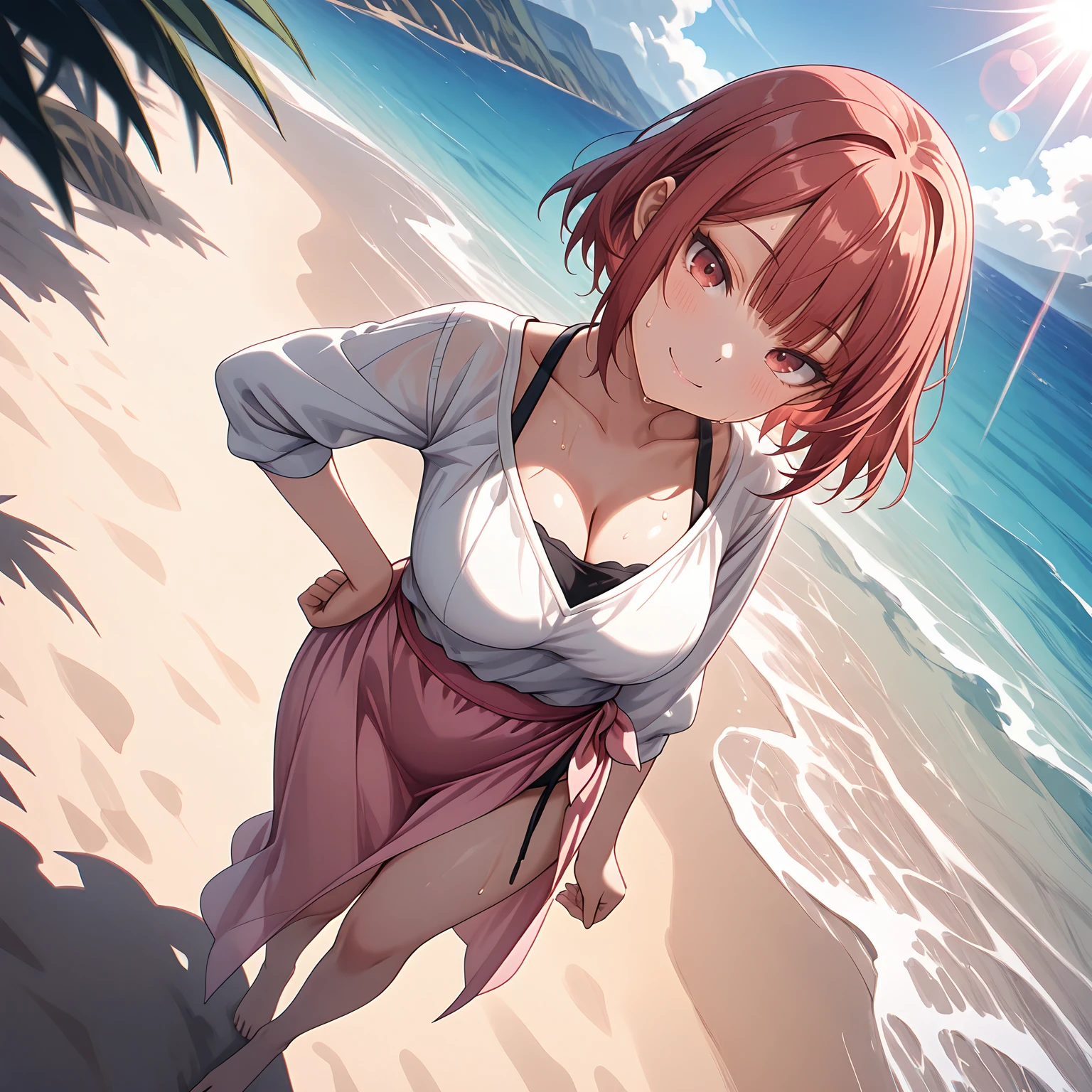 masterpiece,best quality,amazing quality, depth of field, lens flare, (beach:1.1),  sunlight, <lora:Miho_Tsujinaka_Kono_Koi_ni_Kizuite:0.7> mitsko, 1girl, short hair, red hair, blunt bangs, red eyes, white shirt, cleavage, sleeves past elbows, long pink sarong skirt, bare legs, barefoot, smile, head tilt, hand on own hip, light blush, sweat, outdoors, (full body:1.2), dutch angle,  <lora:IL_Dreamy_soft_lines_for_Pony:0.6> dresofl,  <lora:IL_Between_pencils_and_semi-realism_Style:0.8> stbedap