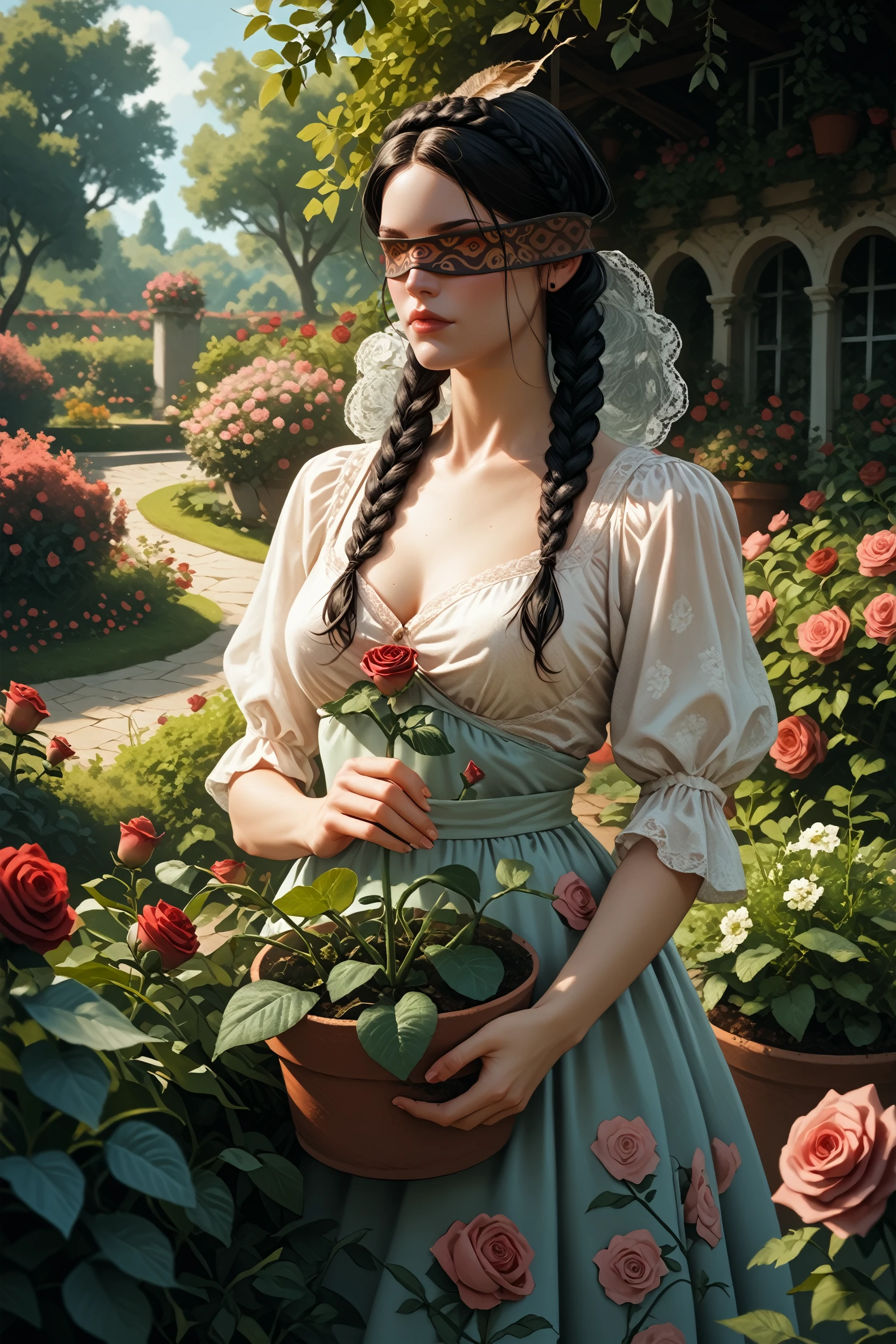 score_9, score_8_up, score_7_up,
<lora:W3Philippa:0.8>
W3Philippa, 1girl, long hair, black hair, covered eyes, twin braids, rose garden, gardening, floral background