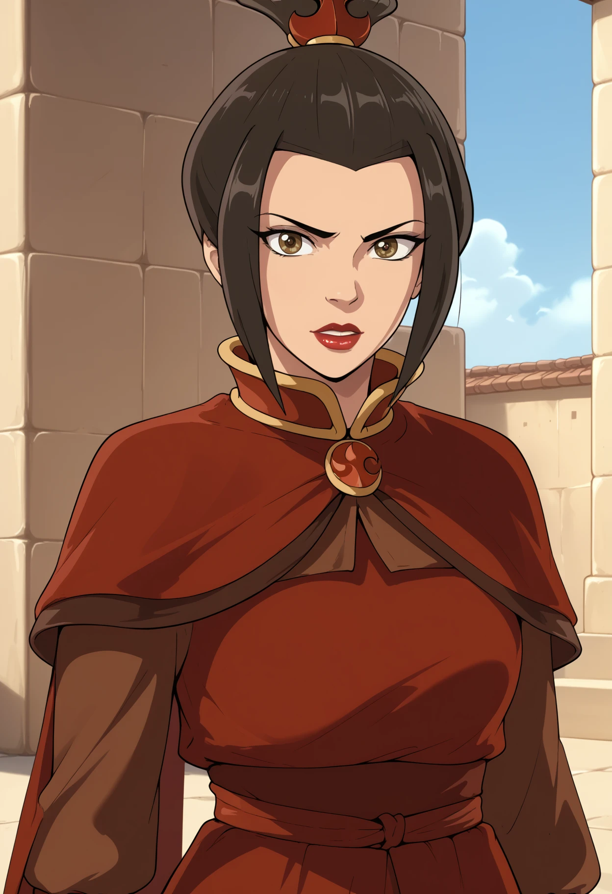 score_9, score_8_up, score_7_up, score_6_up, score_5_up, <lora:NM_Azula_atla:1>, BREAK NM_Azula_atla, 1girl, solo, brown eyes, brown hair, topknot, short hair, black hair, hair ornament, makeup, lipstick, red lips, dress, capelet,