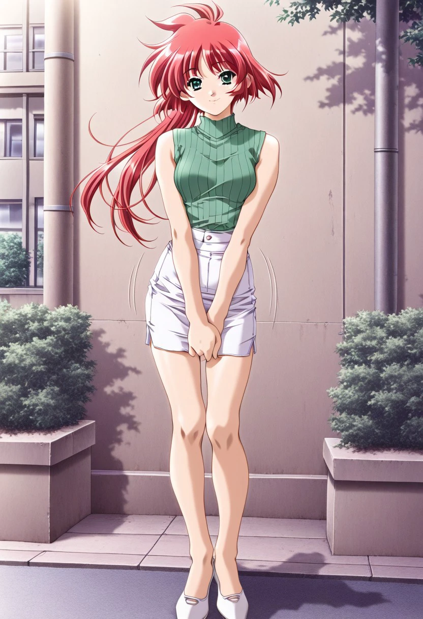 masterpiece, best quality, newest, highres, uncensored, 1girl, yokota mamoru style,motion lines,1girl,motion lines, anime coloring, green sweater, sleeveless, white skirt, pencil skirt, bare legs, white footwear, full body, standing, v arms, detailed background, outdoors, glitter, light smile, looking at viewer, solo,,Ogata Shizuka Again Version,Red Hair, Ponytail, Waist Length Hair,Green eyes