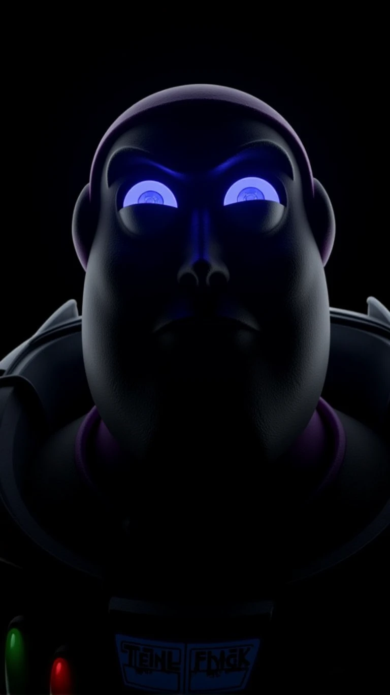 hy3ddk,close-up,Buzz Lightyear from the Toy Story in the black background,backlighting.The eyes emit a linear blueviolet light，Frosted material surface, black frosted render material, rock texture, strong_rim_light, backlighting,High contrast，