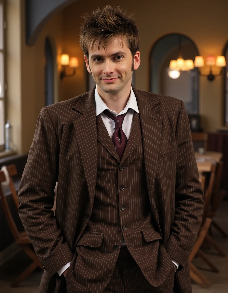 <lora:David_Tennant_Flux:1> This photograph features a man standing in a cafe.  He has short, tousled brown hair and a serious expression. He is dressed in a classic, vintage style, wearing a brown pinstriped suit jacket over a matching pinstriped vest and a white dress shirt. The shirt is complemented by a dark maroon tie with subtle patterns. The man's hands are casually placed in his pockets, giving him a relaxed yet confident demeanor. He is looking at the viewer smiling.