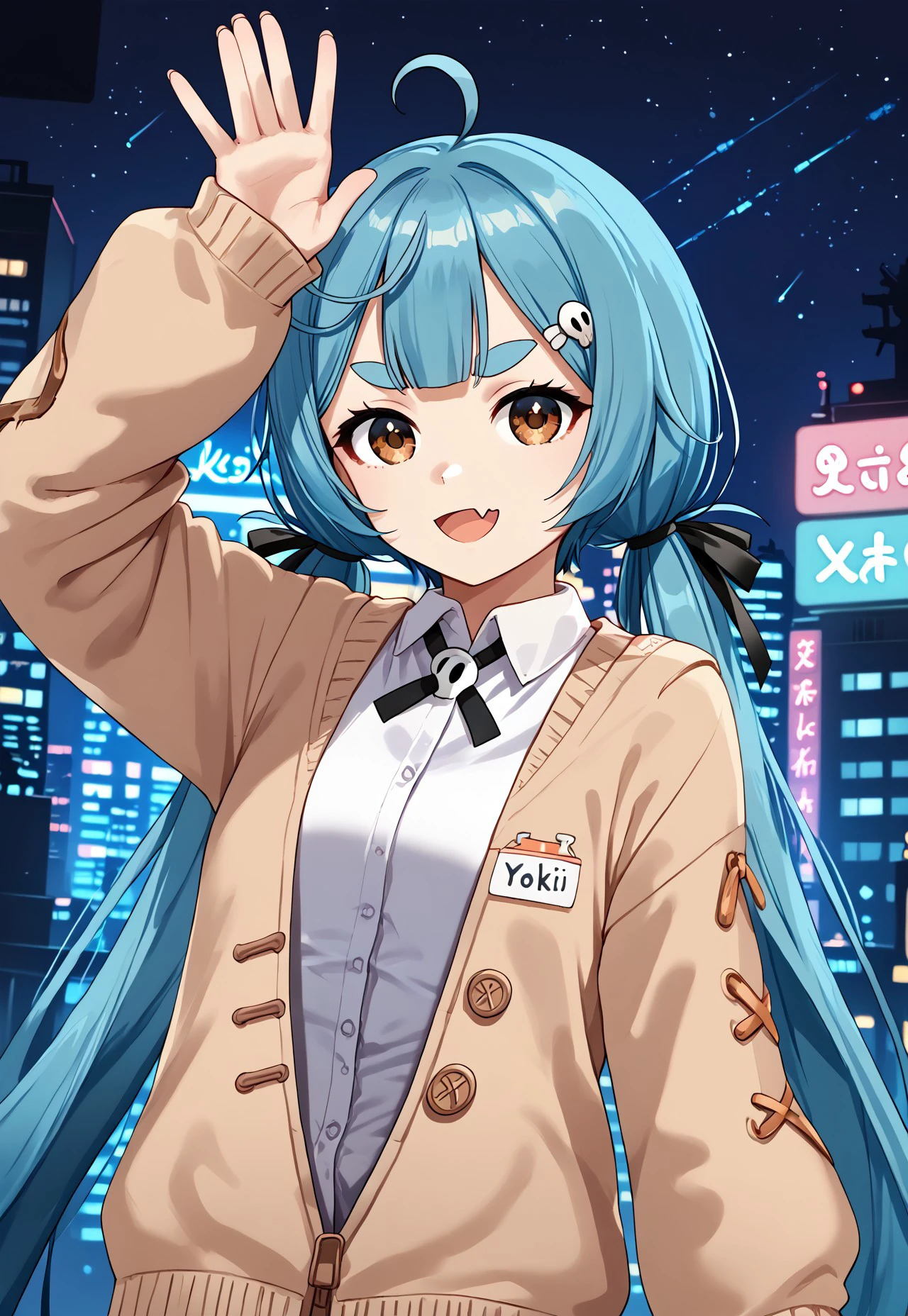 1girl, solo, solo focus, highres, absurdres, Yoki1st, white shirt, very long hair, twintails, bangs, ahoge, collared shirt, sleeves past wrists, hair ornament, low twintails, blue hair, jacket, brown eyes, black ribbon, skin fang, hair ribbon, short eyebrows, long sleeves, cardigan, brown jacket,

dutch angle, looking at viewer, hand up, arm up, waving, head tilt, 

cityscape, neon lights, night, night sky, backlighting, silhouette,