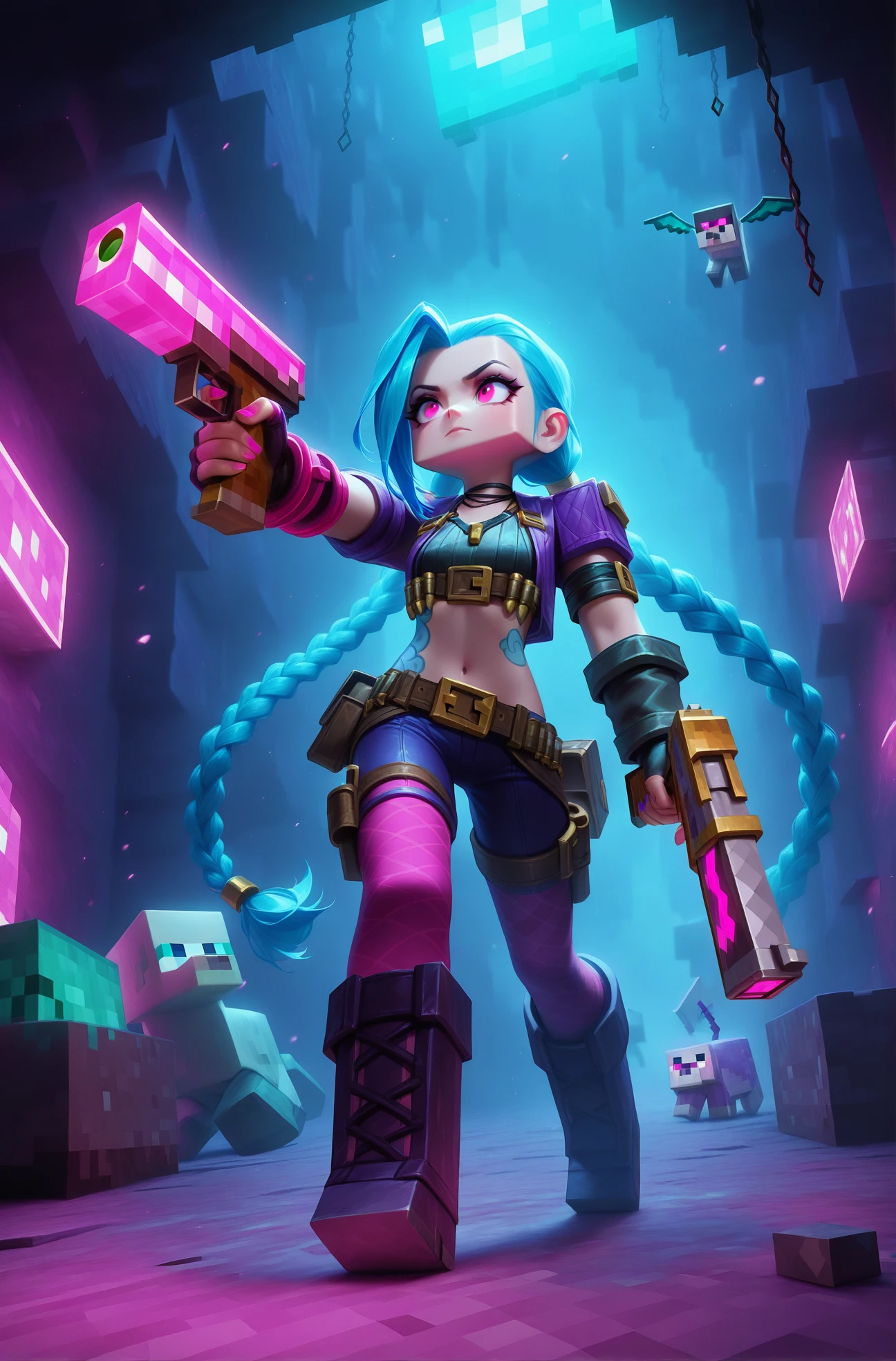 masterpiece, best quality,
<lora:minecraft filter [IL]_1:1.2> minecraft filter,
jinx_(league_of_legends), league_of_legends, 1girl, blue_hair, pink_eyes, holding gun, fight stance, underground city, neon light, bar,