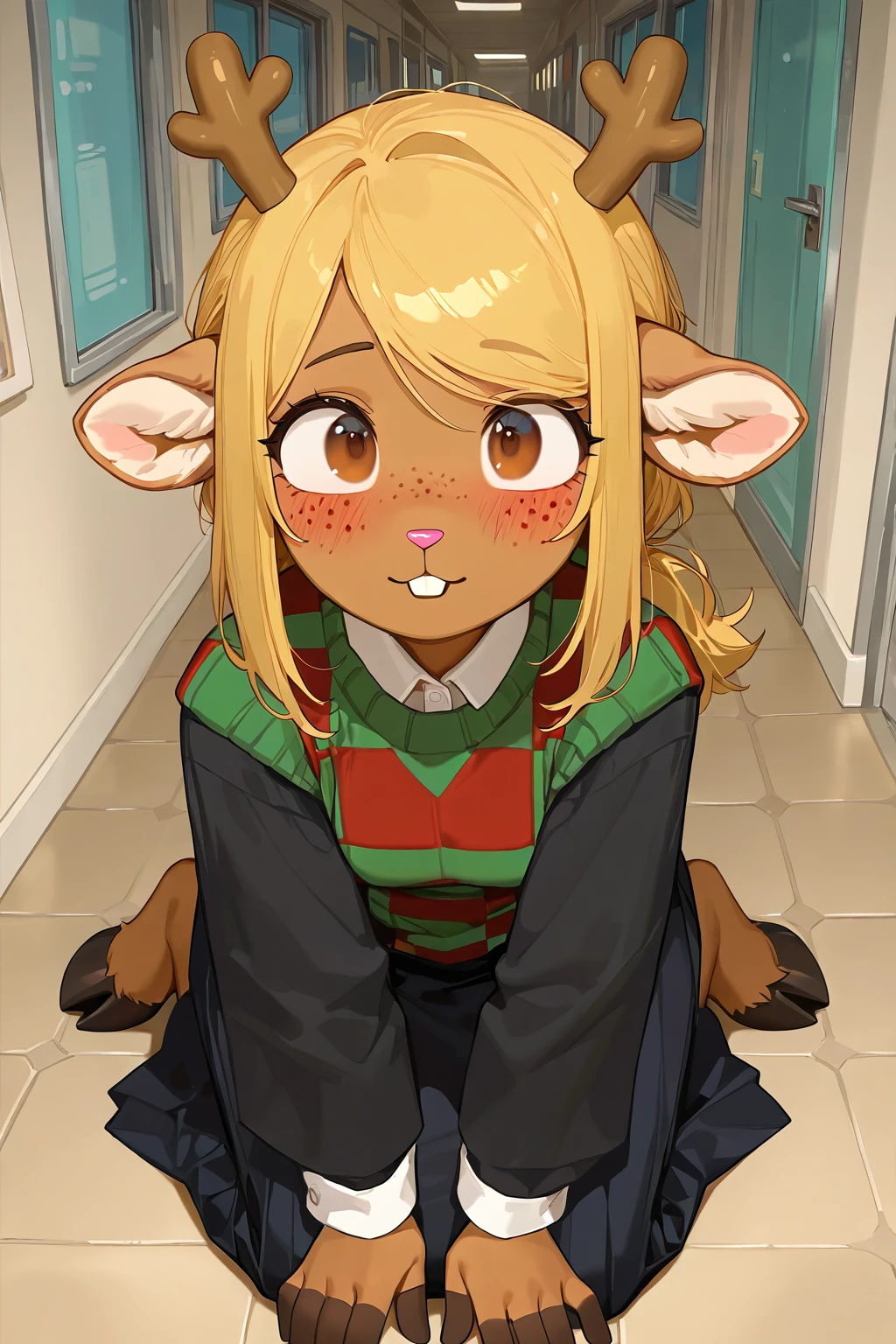 masterpiece, best quality, newest, absurdres, furry female, noelle_hol, deer girl, buck teeth, checkered sweater, skirt, hooves, kneeling, hallway, looking at viewer, blush, brown eyes, freckles,
BREAK
dynamic background,  <lora:Noelle_Holiday_-_Deltarune_Pony:1>