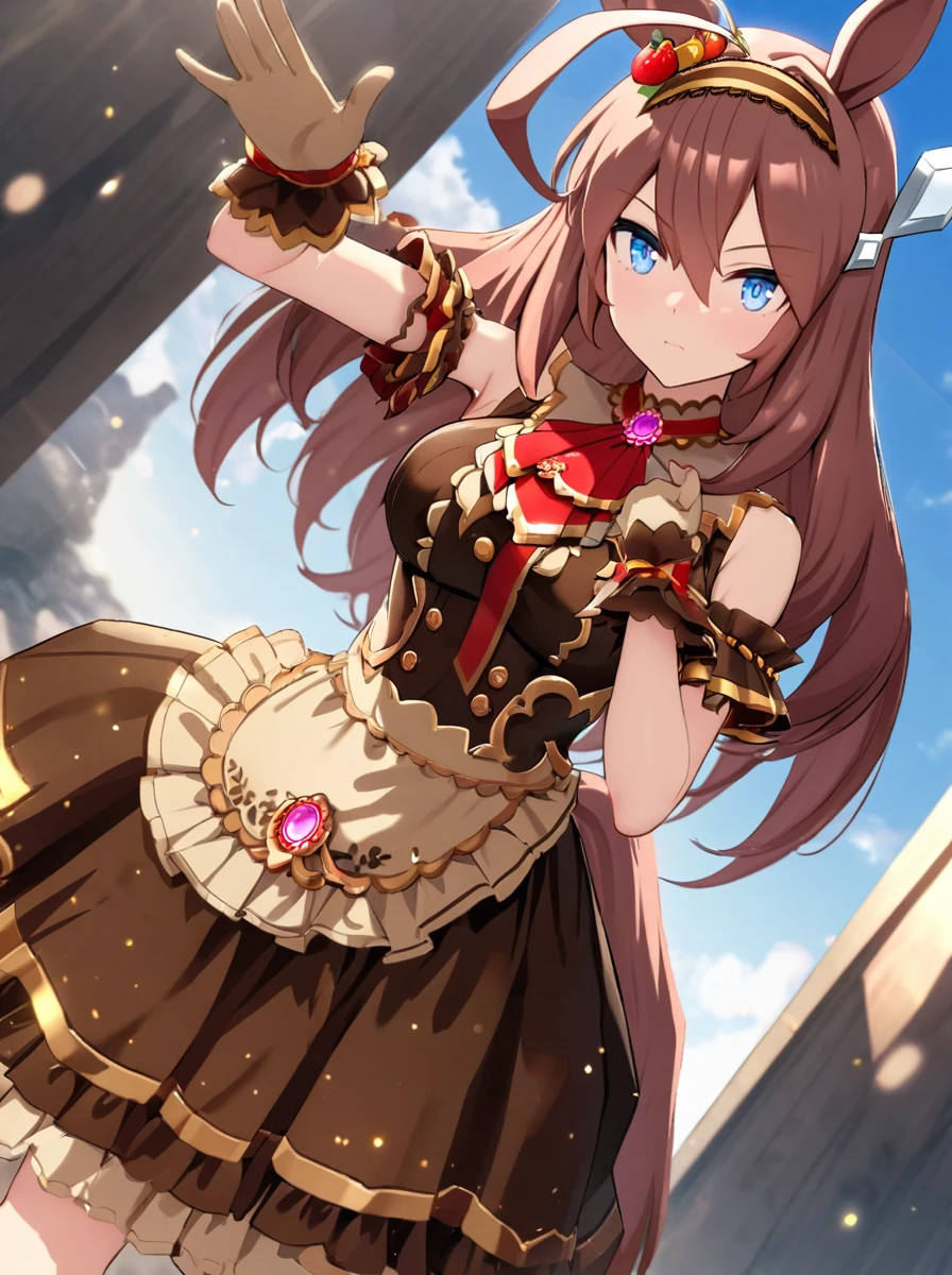 masterpiece, best quality, absurdres,
mihono bourbon \(umamusume\), 1girl, horse tail, brown dress, horse ears, red footwear, brown hairband, closed mouth, white gloves, full body, red ascot, waist apron, sleeveless, arm garter, brooch, strawberry hair ornament, wrist frilled cuffs, red high heels, brown sockes
blue sky,sun,cowboy shot,light rays,lens flare,light particles,dynamic pose,dynamic angle,
 <lora:SDXL_mihono_bourbon_v1.01:0.85>