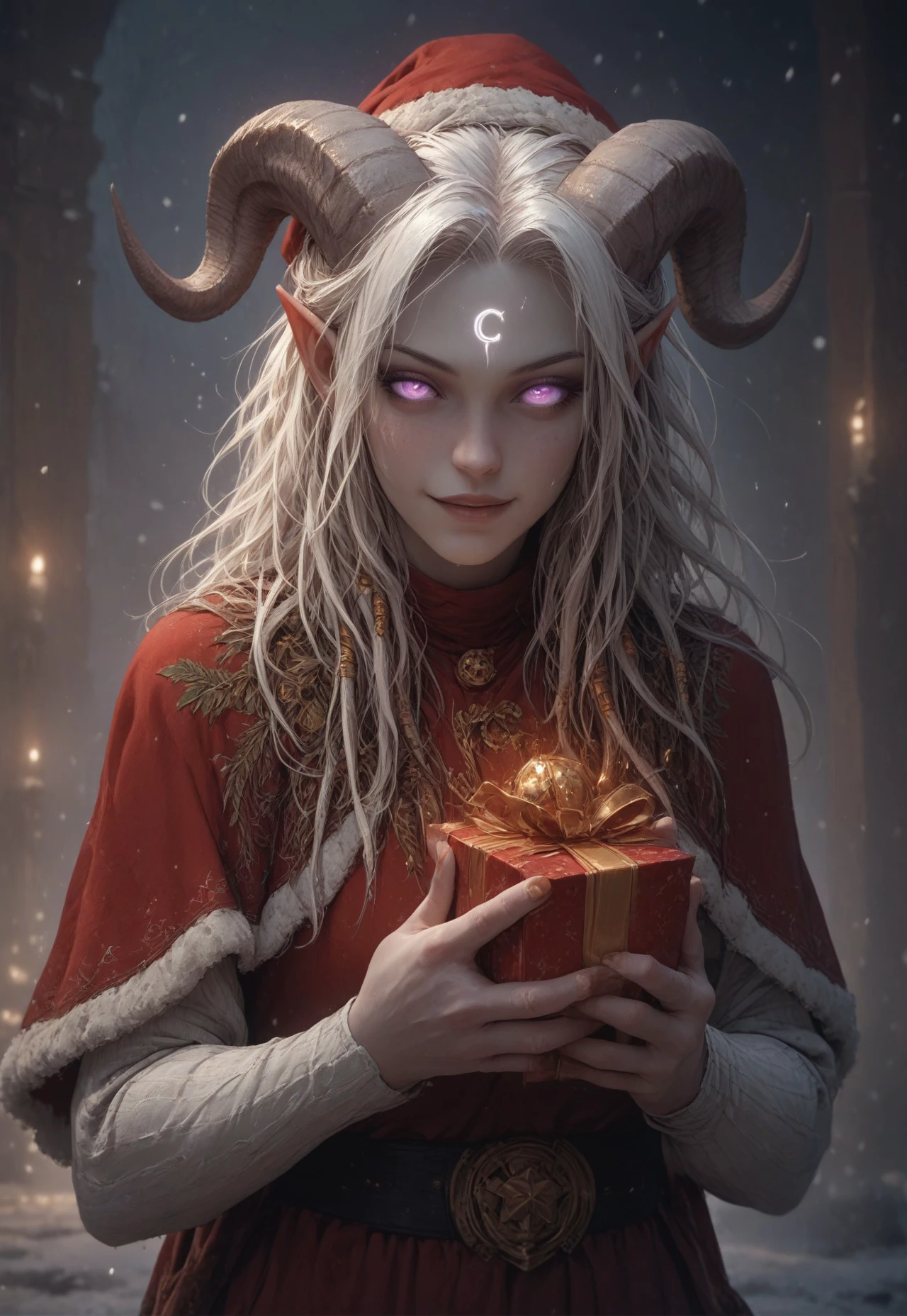 (absurdres, best quality, masterpiece:1.4), score_9, score_8_up, score_7_up, score_6_up, detailed, detailed body, detailed face, world of warcraft, fantasy, <lora:add-detail-xl:1.5>, 

fFaceDetail, ((female, draenei, tall, athletic arms, pale white skin, long white hair, purple eyes, no sclera, long white tail), (h0rns, ram horns, white horns), 
(long fingers, gold fingernails, gold nail polish)), 

alone, upper body, standing, looking toward viewer, soft smile, 

Red santa dress with a white fur trim, red santa hat with a white fur trim, black belt with a gold buckle,

christmas present, holding a christmas present, holding present towards viewer, 

depth of field, evening, outdoor, harbour, snowing, light snow