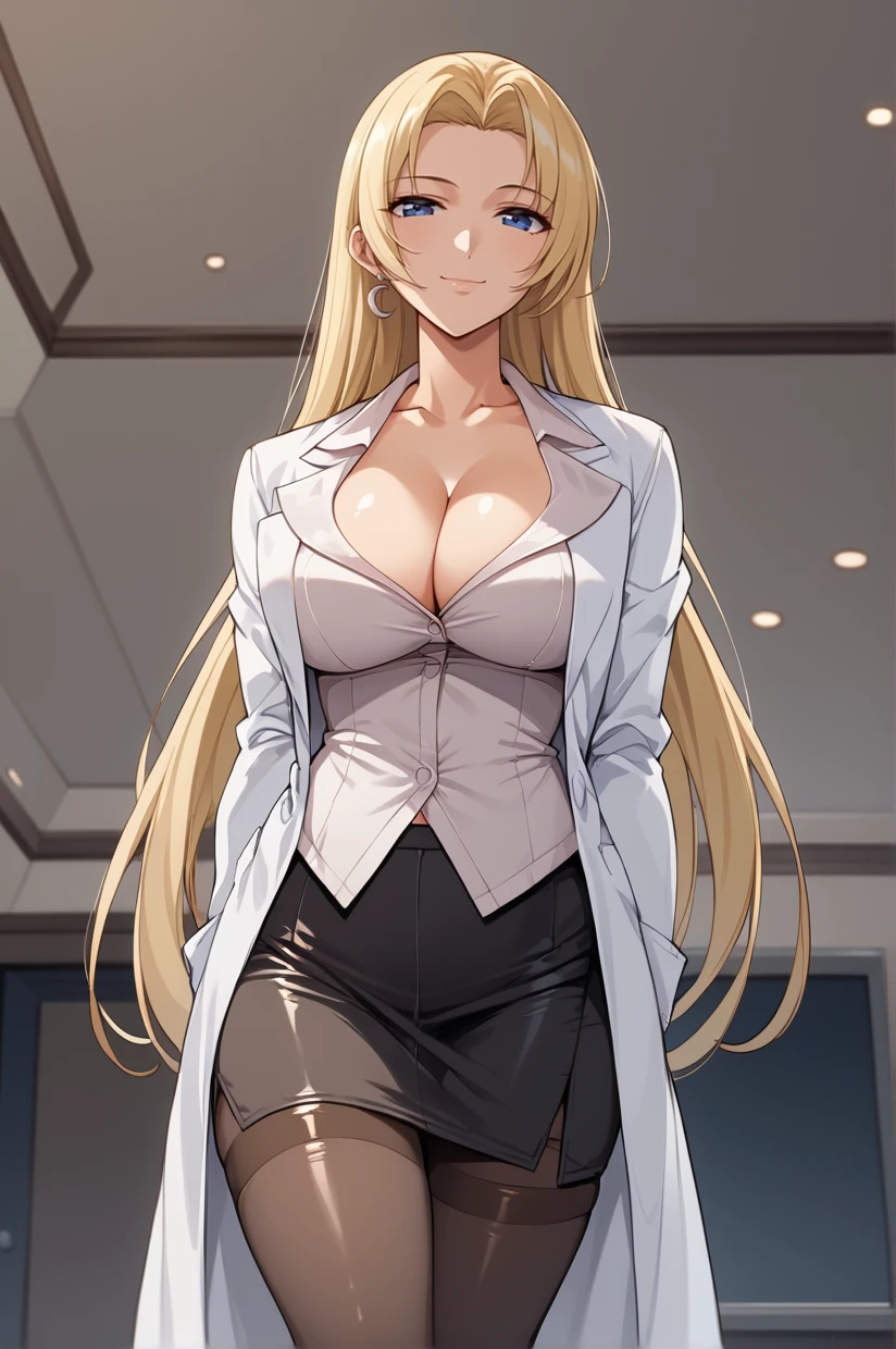 <lora:RiuruKaneshiroNSLT:1> RiuruKaneshiro, blonde hair, very long hair, cleavage, large breasts, blue eyes, black skirt, crescent earrings, jewelry, navel, pencil skirt, pantyhose, miniskirt, white shirt, underwear, white labcoat, no bra, thighhighs, standing, smile, closed mouth, looking at viewer, seductive smile, 8k, masterpiece, absurdes, highly detailed, highres, high quality, best quality, score_9, score_8_up, score_7_up, score_6_up, shiny, shiny skin, shiny hair