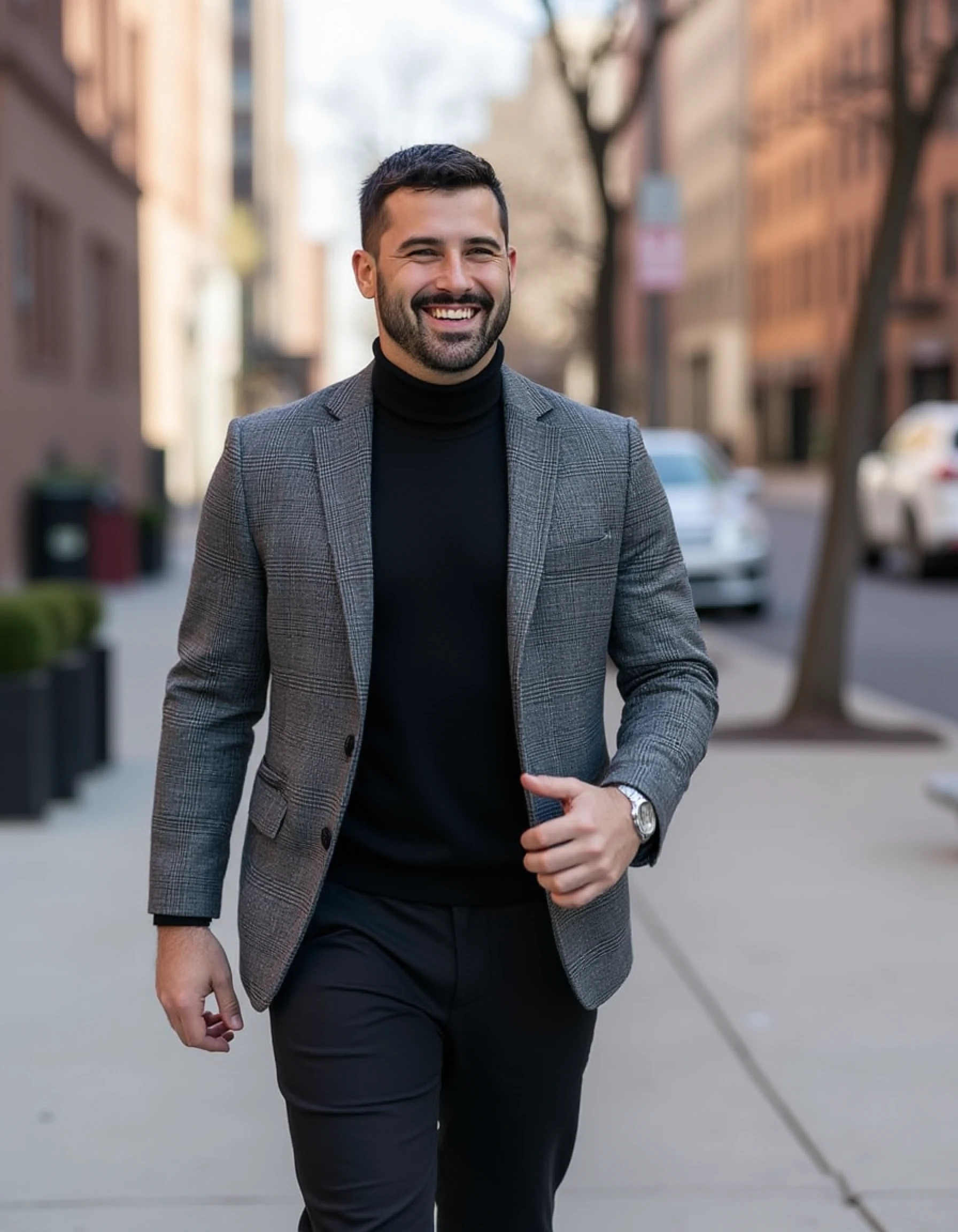 j0354n74g470 photo of a man walking on a city sidewalk. he is handsome. he is wearing a grey blazer. he is wearing a black turtleneck. he is wearing black slacks. he is smiling. the city is a sunny day. 