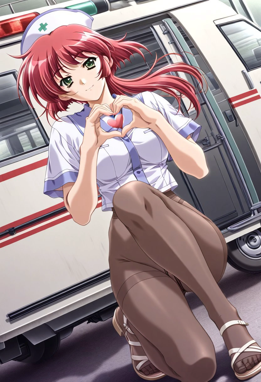 masterpiece, best quality, newest, highres, uncensored, 1girl, yokota mamoru style,motion lines,1girl, slender face，motion lines, an attractive sexy making heart hands for viewer kneeling on one knee outside of a hospital in front of ambulance with smile, ground vehicle, ambulance, motor vehicle, kneeling on one knee, cap, hat, dutch angle, strappy sandals, pantyhose,,,Ogata Shizuka Again Version,Red Hair, Ponytail, Waist Length Hair,Green eyes